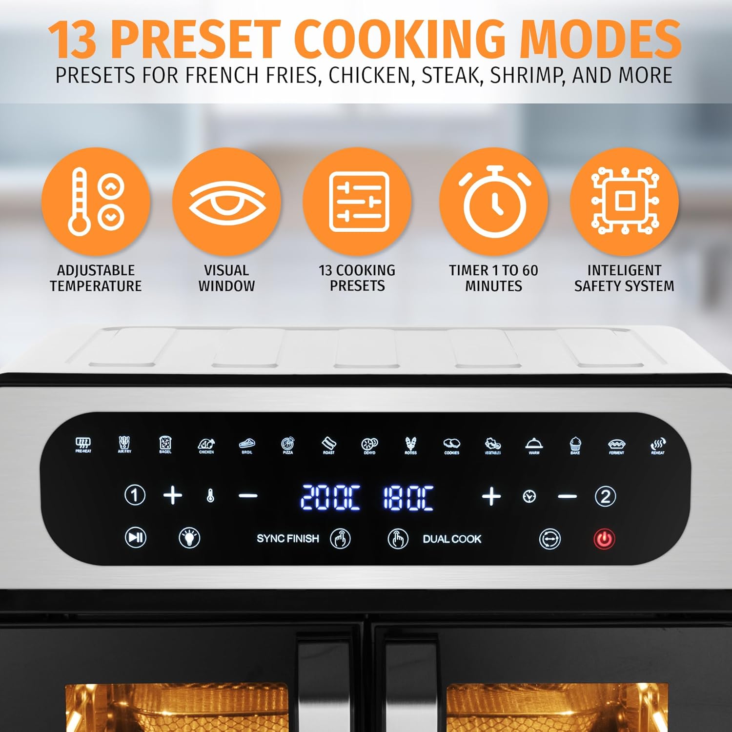 Nyxi 20L Air Fryer Oven with Dual French Glass Doors, Visual Window, 13 Cooking Modes, Digital Control, Adjustable Temperature, Timer, Non-Stick Tray, 12 Accessories, Stainless Steel - Image 6