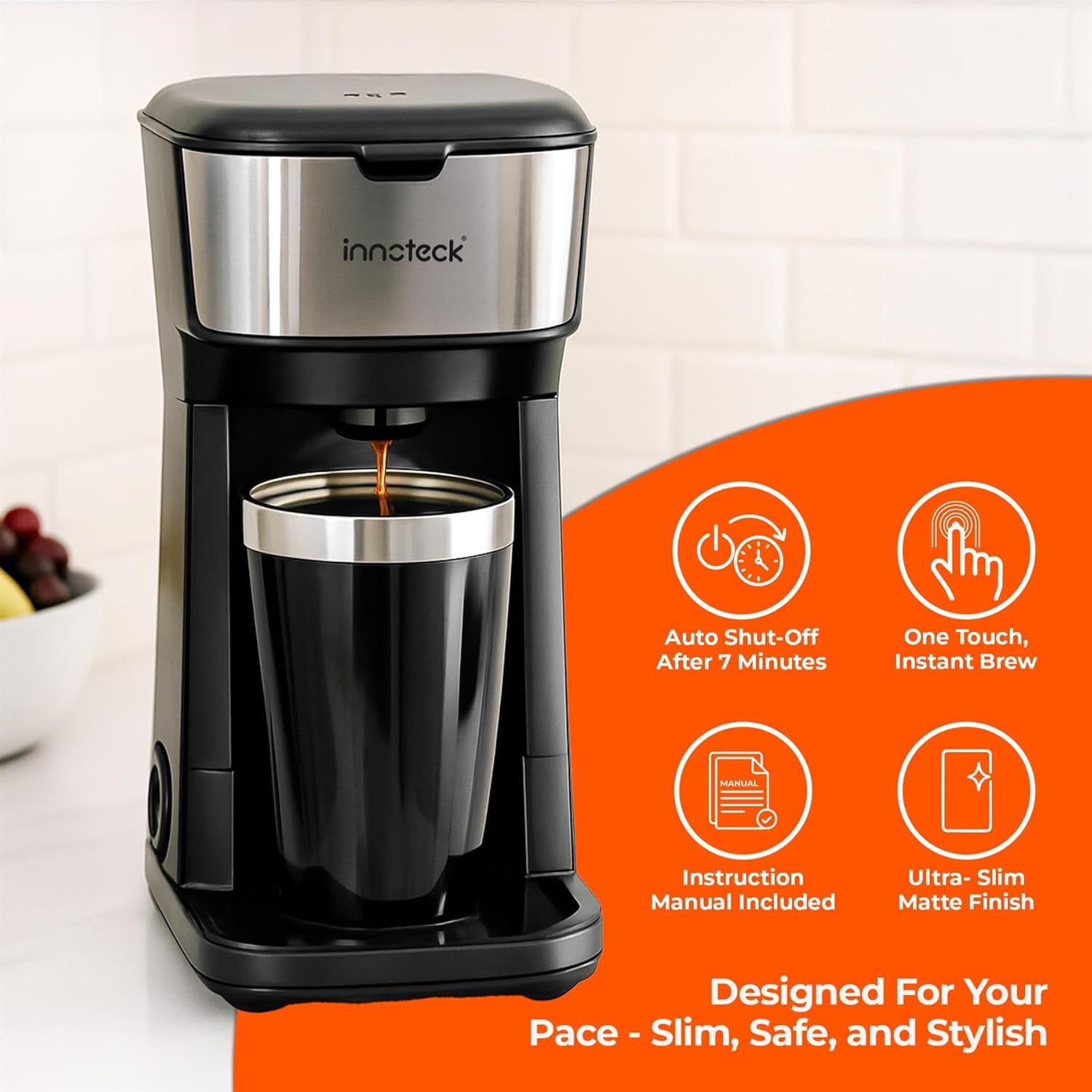 Innoteck 450W Single Serve Coffee Maker with Stainless Steel Interior 400ml Travel Mug – Compact Filter Coffee Machine with Reusable Nylon Filter, Fast Brewing & Overheat Protection – Black - Image 5