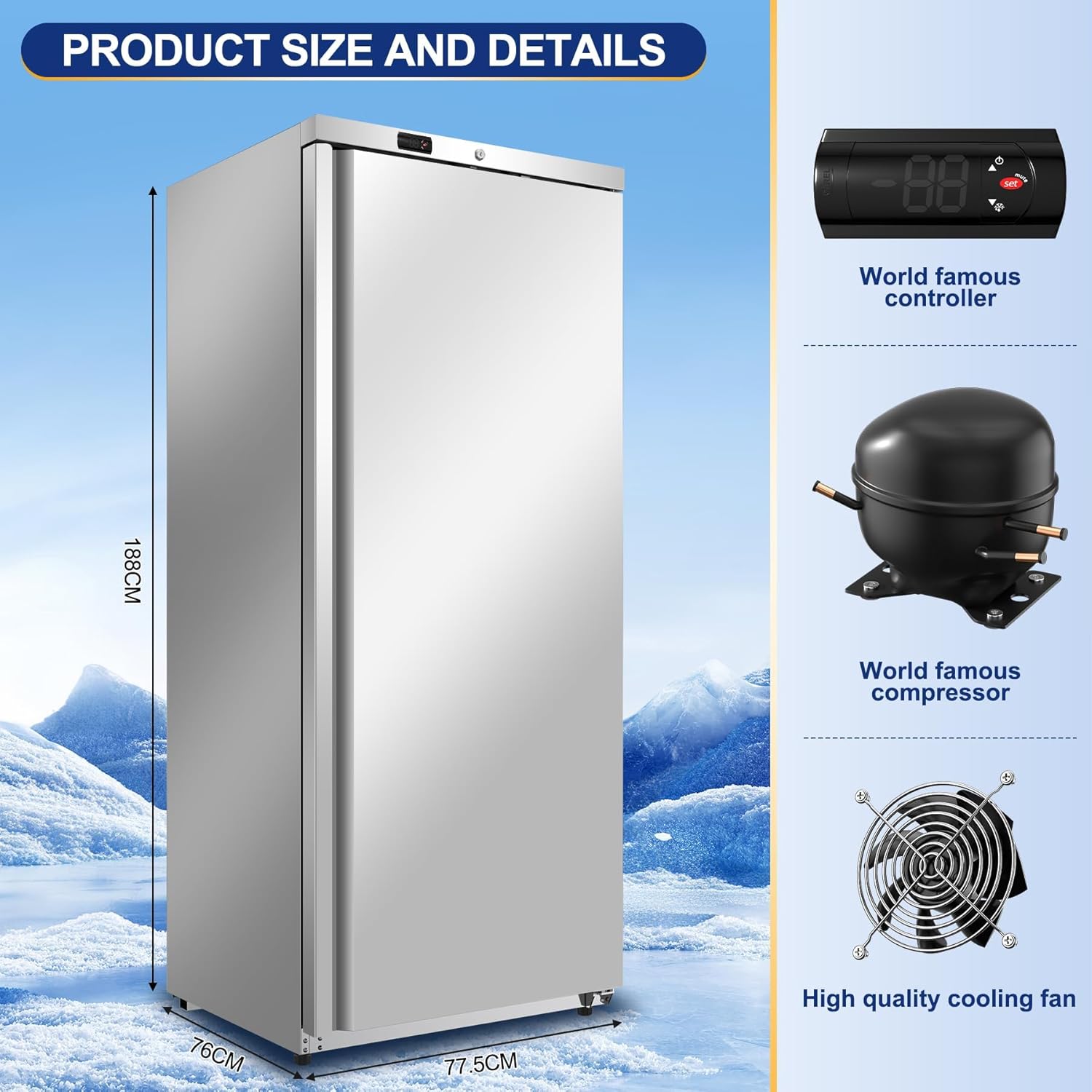 Rockit 600L Commercial Upright Freezer, Single Door Stainless Steel Commercial Freezer with 4 Adjustable Shelves, -22°C to -18°C Fan Cooling Cabinet Freezer for Restaurant, Kitchen, Energy Class B - Image 5