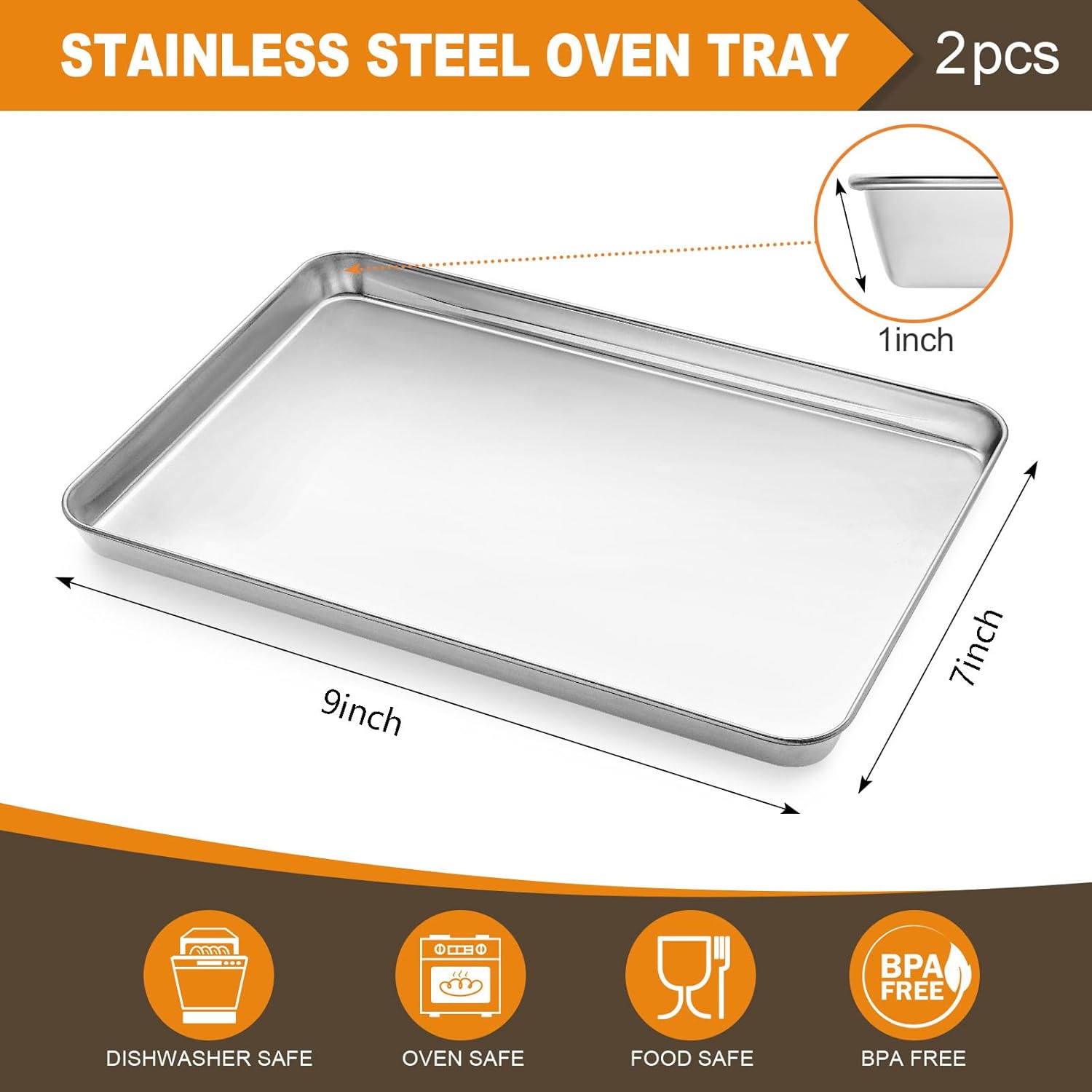 Baking Tray Set of 2, Bastwe Stainless Steel Oven Trays, Rectangle Baking Sheets Pans Perfect for Cooking Serving, Non Toxic & Rust Free, Mirror Finished & Dishwasher Safe (9 x 7 x 1 inch) - Image 3
