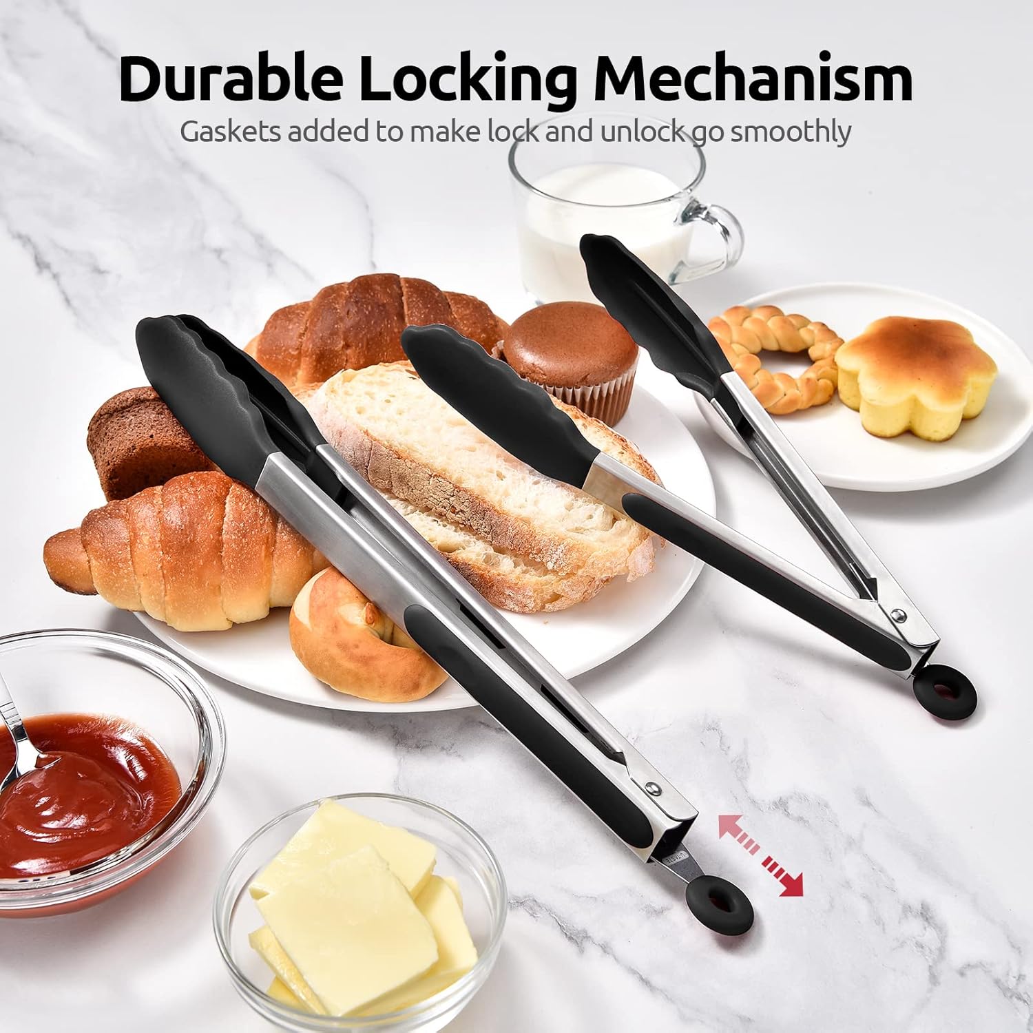 315℃ Heat Resistant Kitchen Tongs: U-Taste Silicone Cooking Tong Set with Firm Sealed Non Stick Silicone Tips and Silicon Coated 18/8 Stainless Steel Handle for Serving Grilling (Set of 2, Black) - Image 7