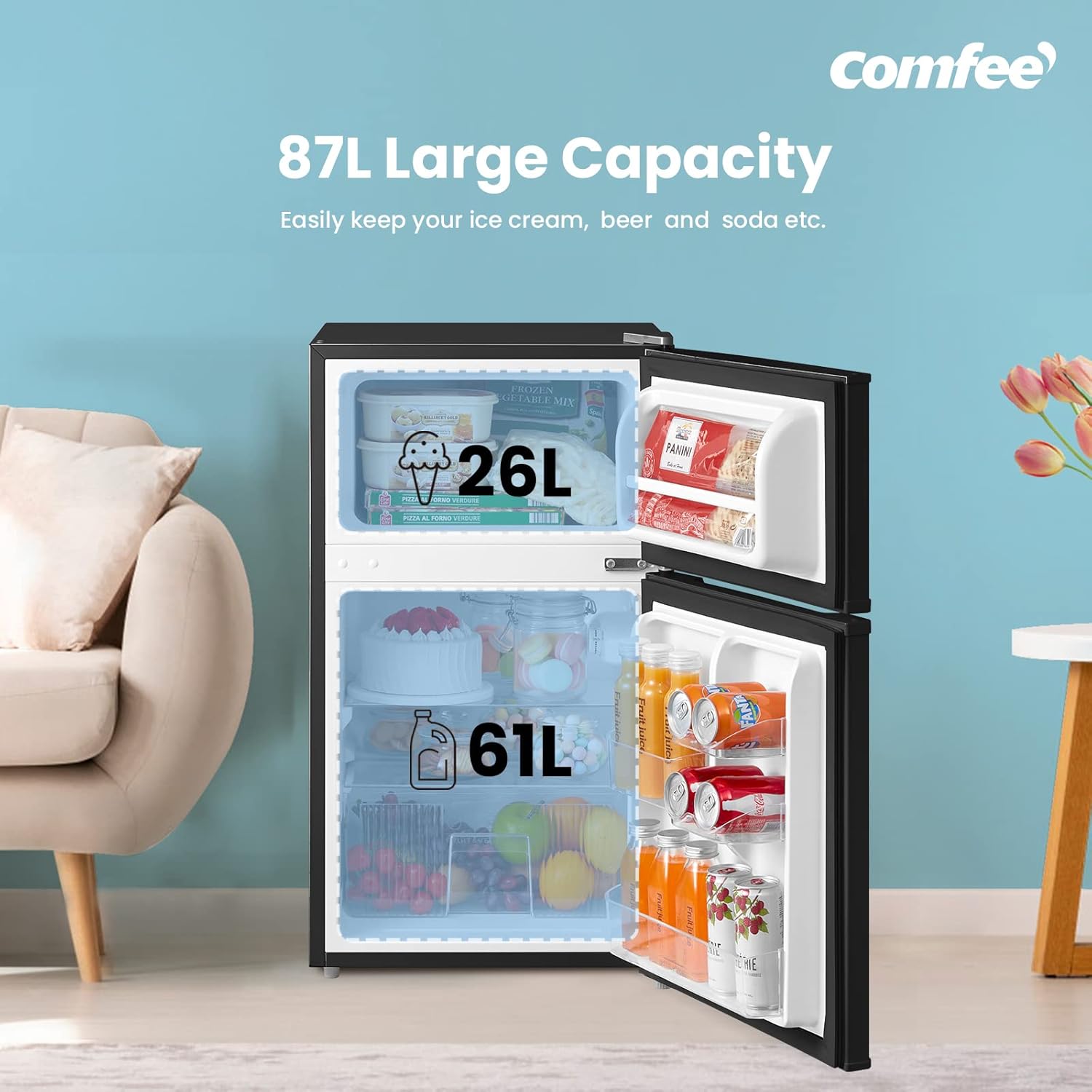 COMFEE' RCT87BL2(E) Under Counter Fridge Freezer, 87L Double Door Small Fridge Freezer with Light, Removable Shelves, Adjustable Thermostats, Reversible Doors Black - Image 2