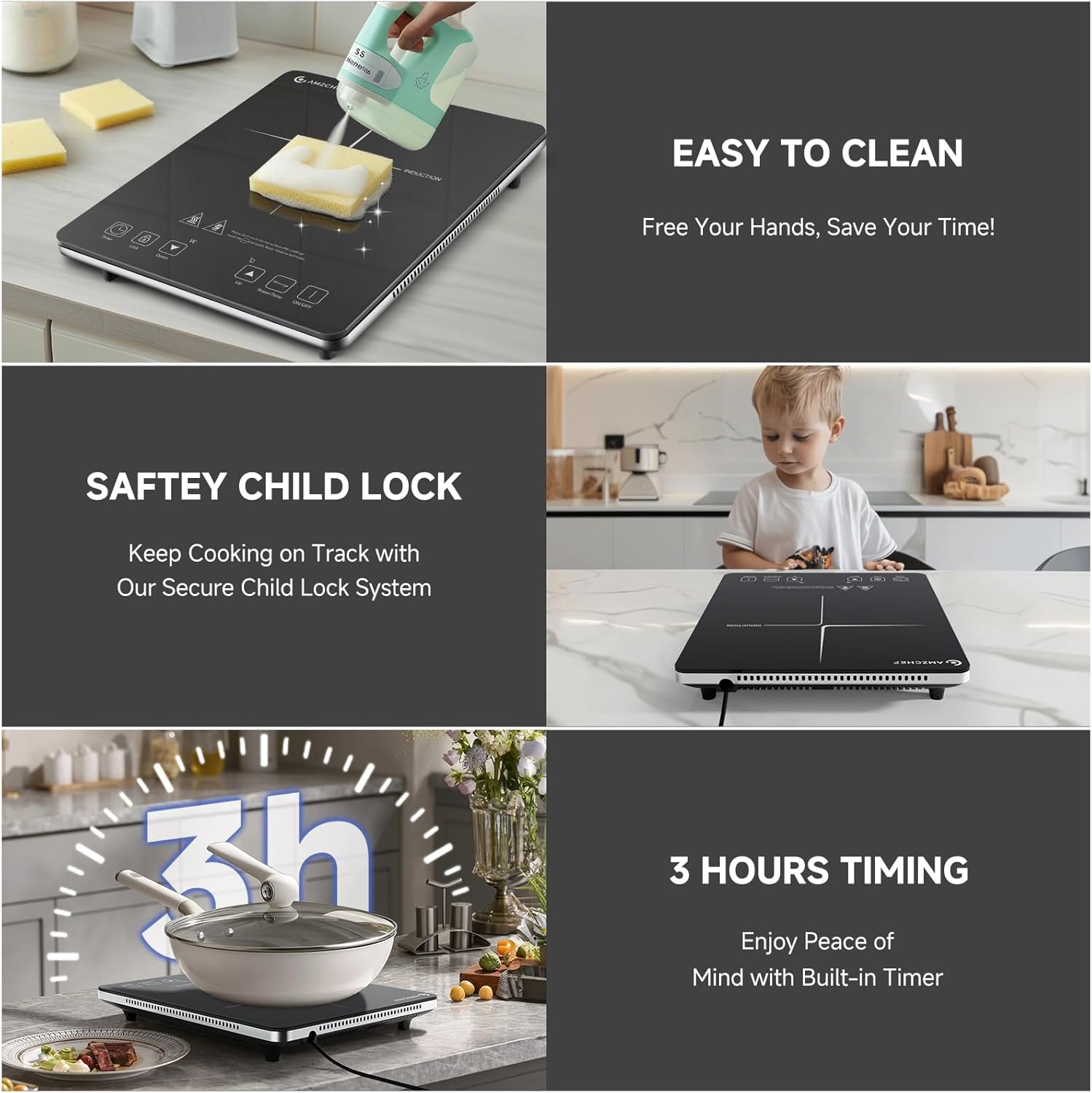 AMZCHEF Single Induction Cooker, Ultra-thin Induction Hob with Fashion Look, 10-level Power and Temperature Control, Black Frosted Glass Panel, Touch Sensor, 3-hour Timer, Safety Lock - Image 8