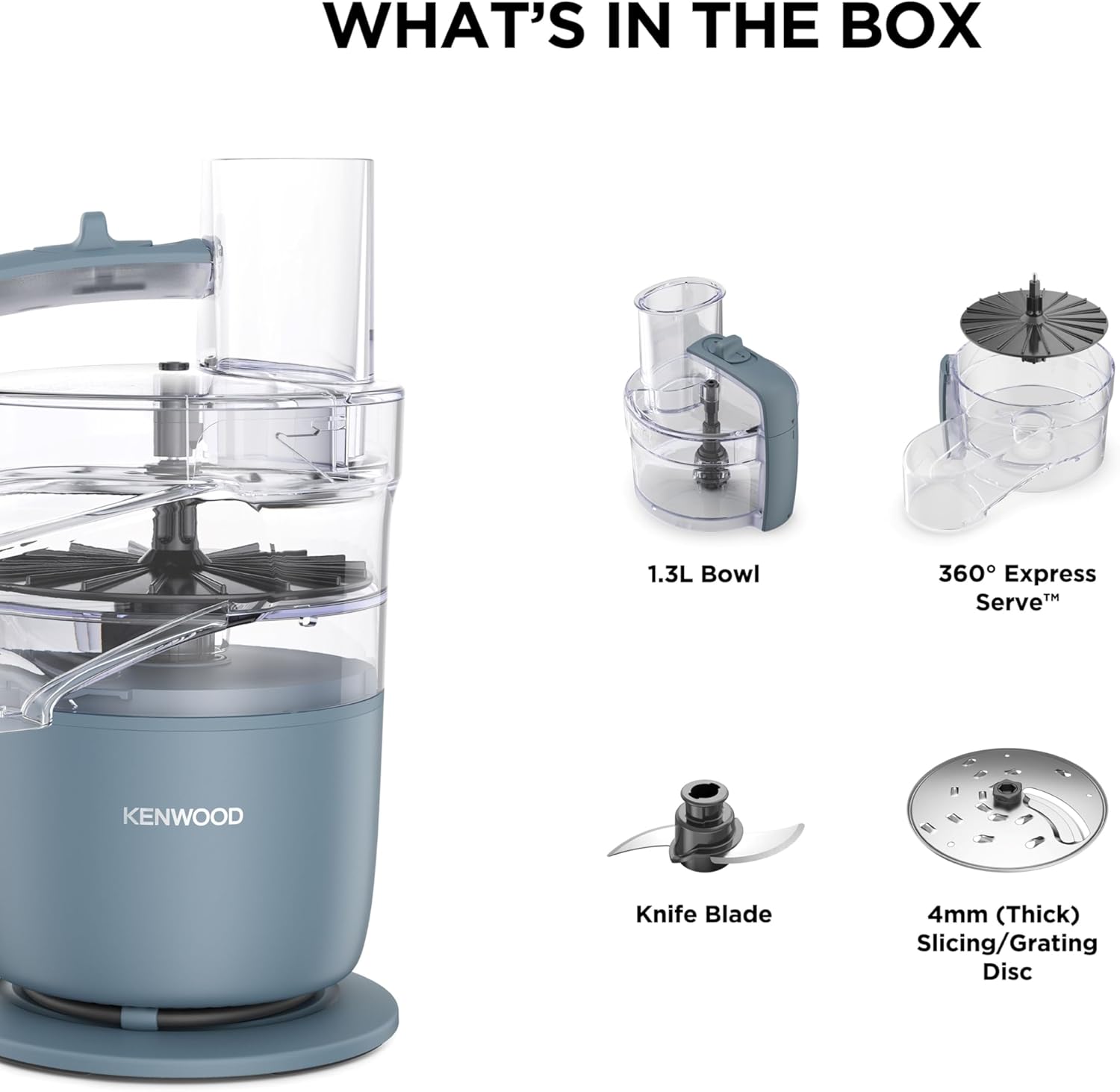 Kenwood, MultiPro Go FDP22.130GY, Food Processor, for Chopping, Slicing, Grating, Pureeing and Kneading Dough, with Express Serve, 1.3L Bowl, Knife blade, 4mm Slicing/Grating Disk, 650 Watts, Grey - Image 7