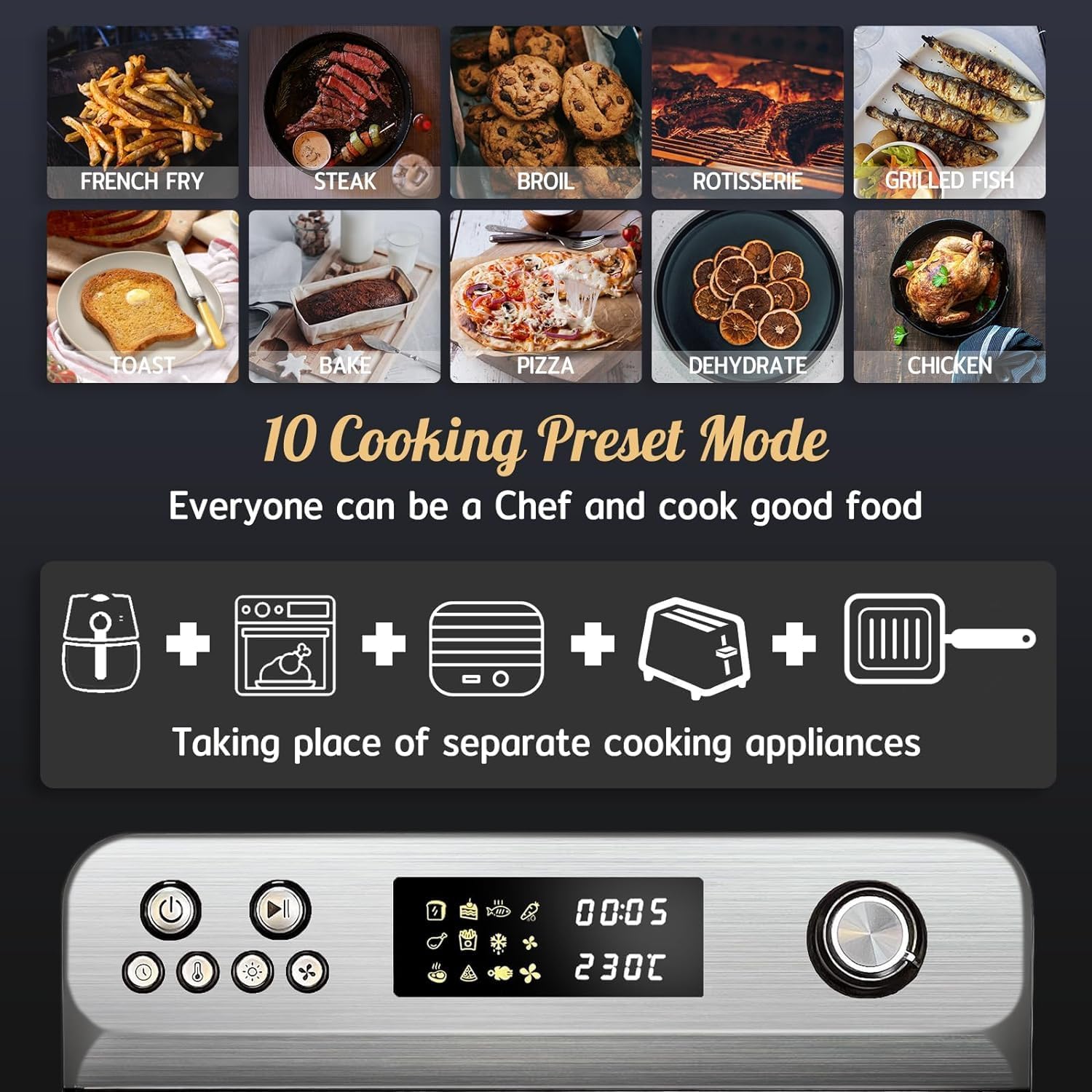 HYSapientia® 24L Air Fryer Oven With Rotisserie Large XXL Digital Knob 1800W 10 in 1 airfryer Countertop Convection Mini Toaster Oven electric and grill, Stainless steel inner, Full Accessory Set - Image 9