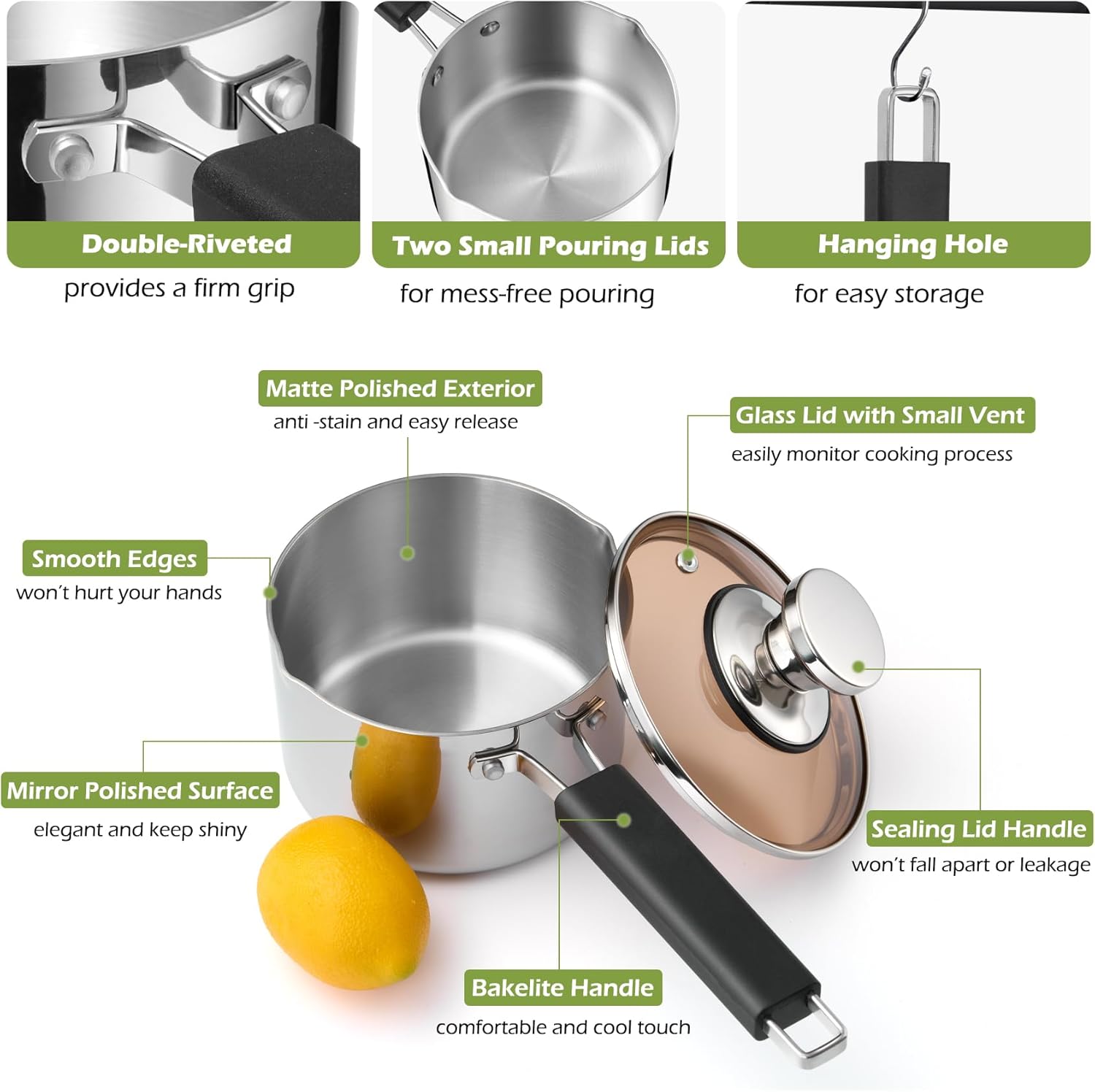 Homikit 14cm Tri-Ply Saucepan, Stainless Steel Milk Cooking Pan with Small Pouring Lips & Glass Lid, Suitable for Induction, Gas & Electric Hobs, Healthy, Mirror Finished & Easy Clean - 1 L - Image 4