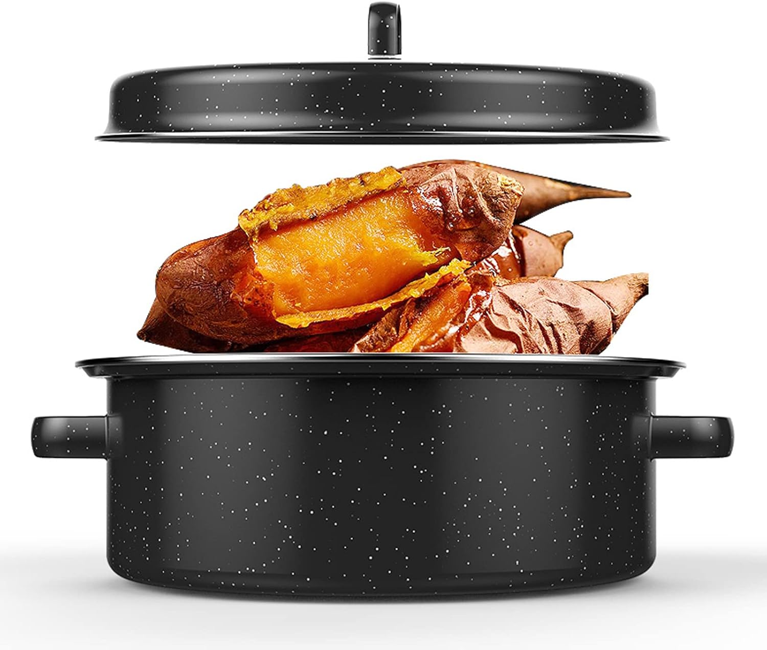 Roasting Pan, Black Speckled Enameled Steel Round Roaster Pot with Lid Rack, Nonstick Cookware for Turkey, Chicken, Lamb, BBQ (Iron Cover 28cm)