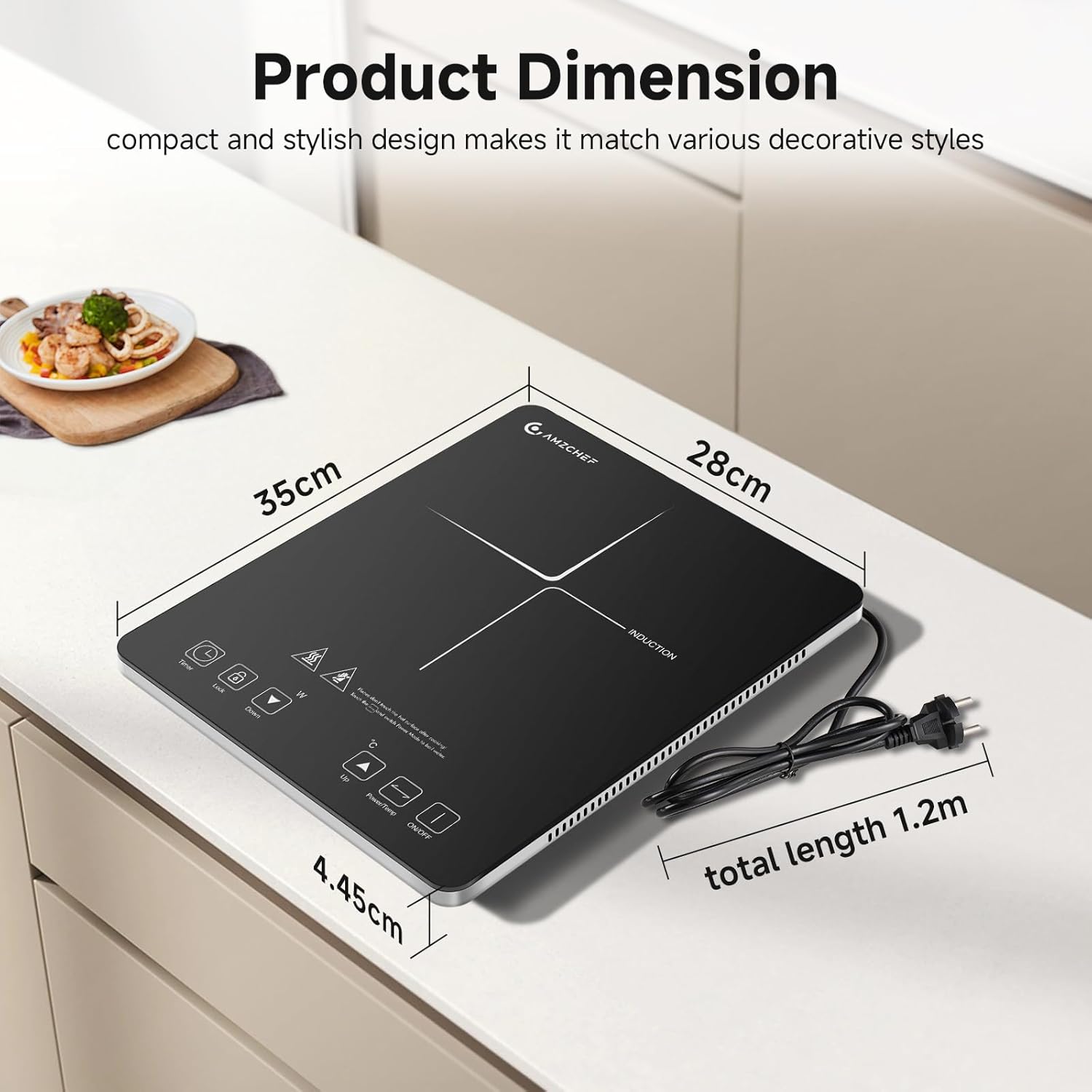 AMZCHEF Single Induction Cooker, Ultra-thin Induction Hob with Fashion Look, 10-level Power and Temperature Control, Black Frosted Glass Panel, Touch Sensor, 3-hour Timer, Safety Lock - Image 5