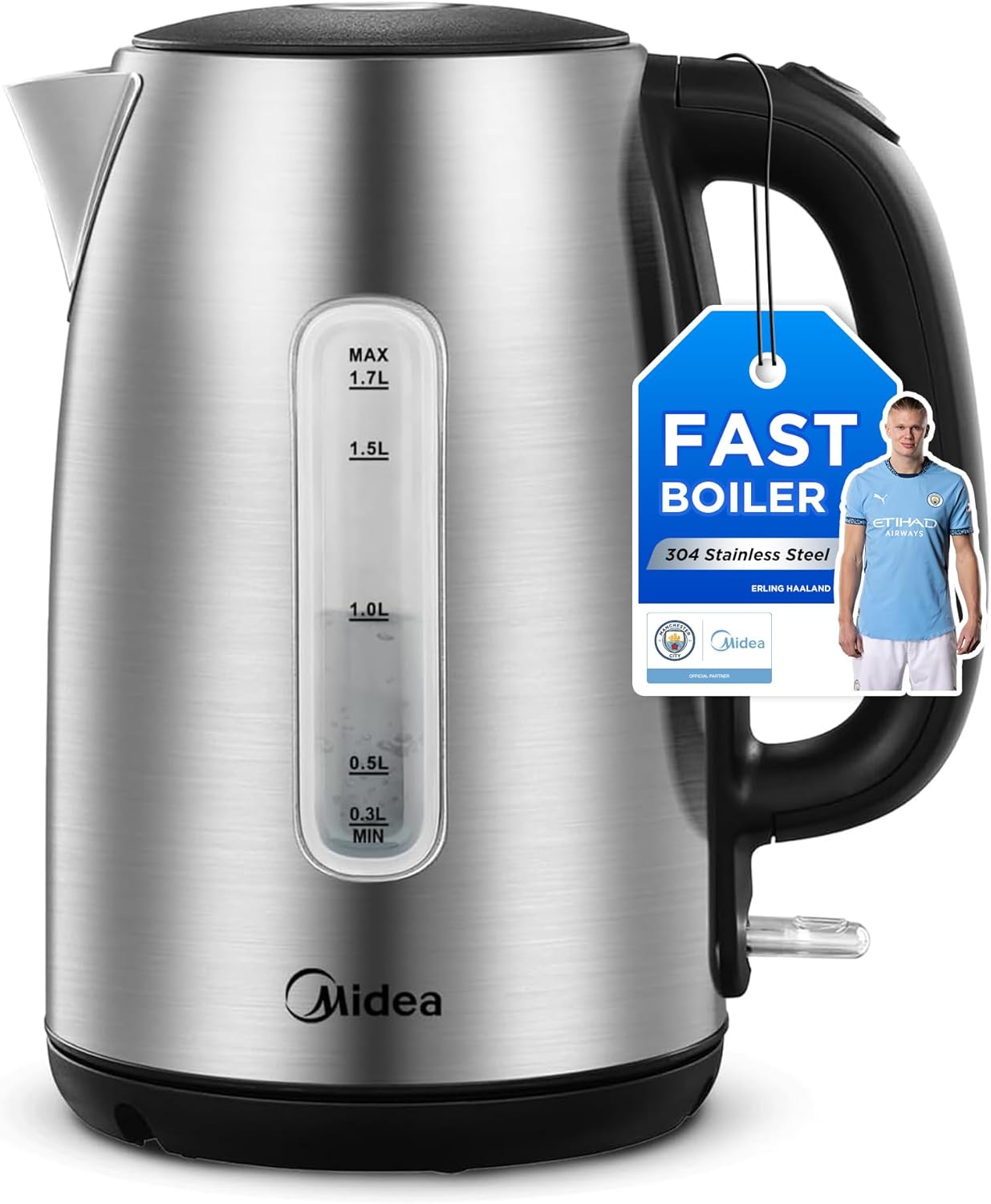 Midea Electric Kettle 3000W Fast Boil 1.7L Stainless Steel Kettle LED Indicator,Spring Lid,Removable Filter,Insulated Handle, Water Level Indicator, Dry Burn Protection,BPA-Free