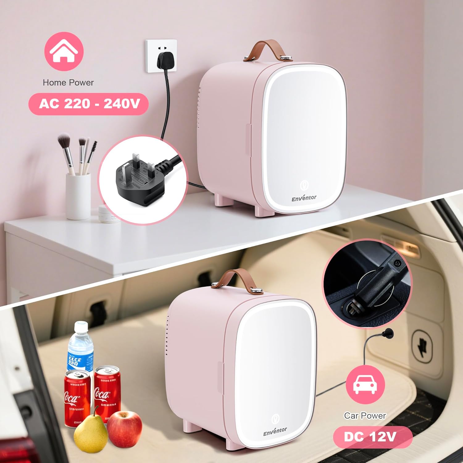Enventor Mini Fridge 4L/ 6 Can, Skincare Fridge With Dimmable LED Light Mirror, AC+12V DC Power Cooler & Warmer for Bedrooms, Home, Car/Cosmetics, Skin Care and Food, Pink - Image 7
