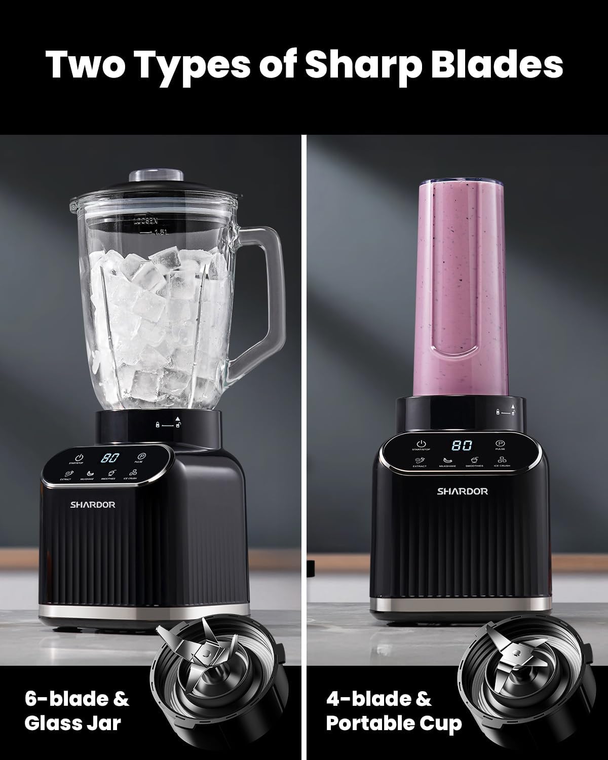 SHARDOR Blender for Kitchen, Max1400W Professional Smoothie Blender with 1.5L Glass Jar & 700ml To-Go Cup Combo,5 Intelligent Program, Ice Crush & Frozen Fruit, Smoothies, Milkshakes,Black - Image 3