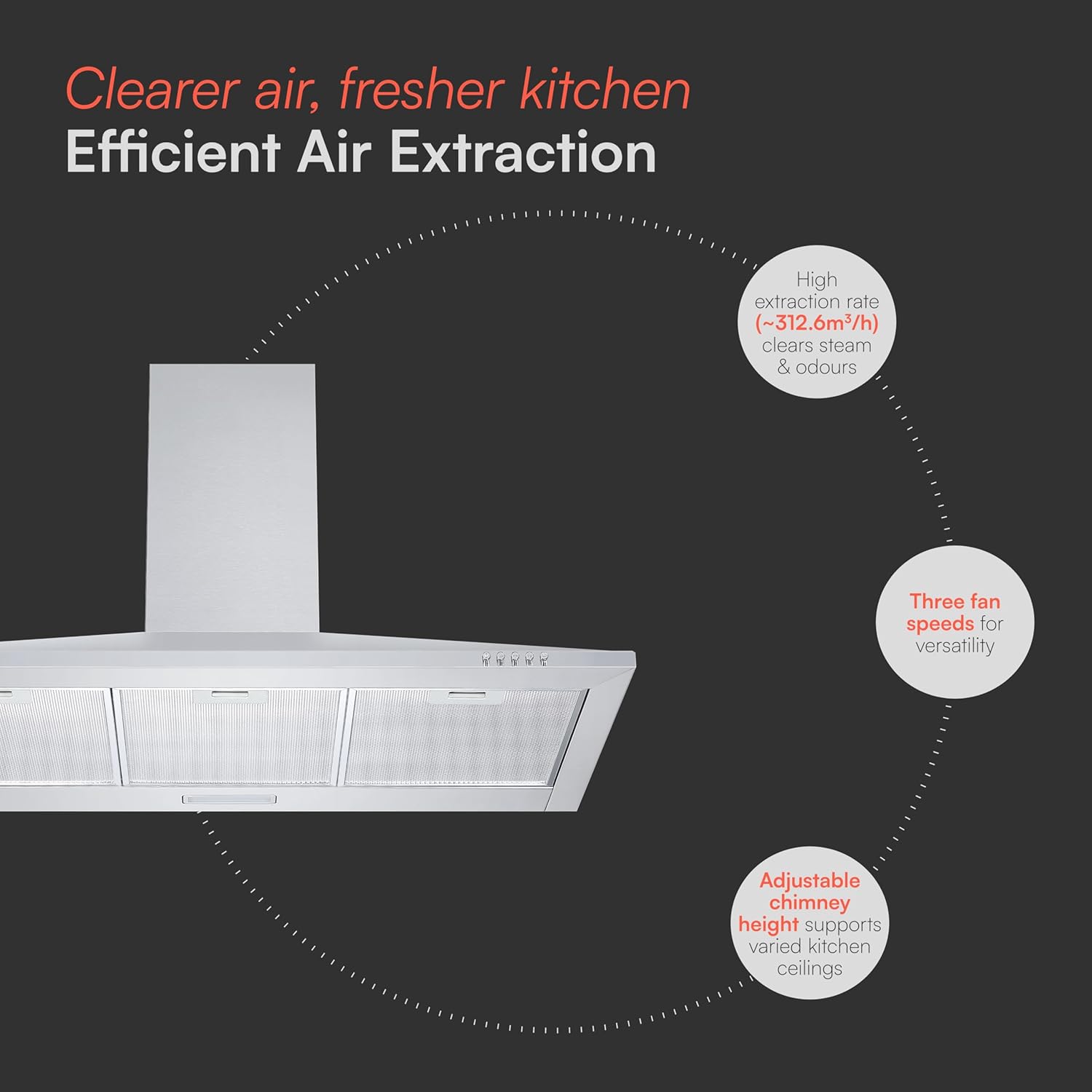Cookology CH900SS/A 90cm Chimney Cooker Hood Extractor Fan, Energy A Rated, 3 Speed 450m3/hour, LED Lights, Wall Mount Range Hood - in Stainless Steel - Image 3