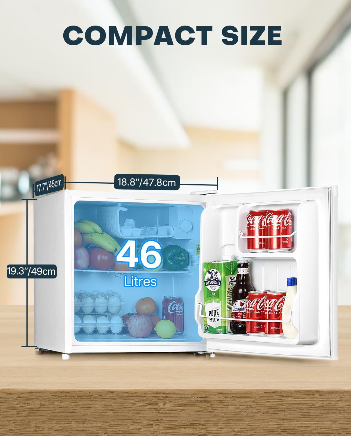 Upstreman Mini Fridge 46L, Table Top Fridge, Adjustable Thermostat, Energy Saving, Low Noise, Single Door Compact Refrigerator for Dorm, Compact Wine&Beers Cooling, White - Image 2