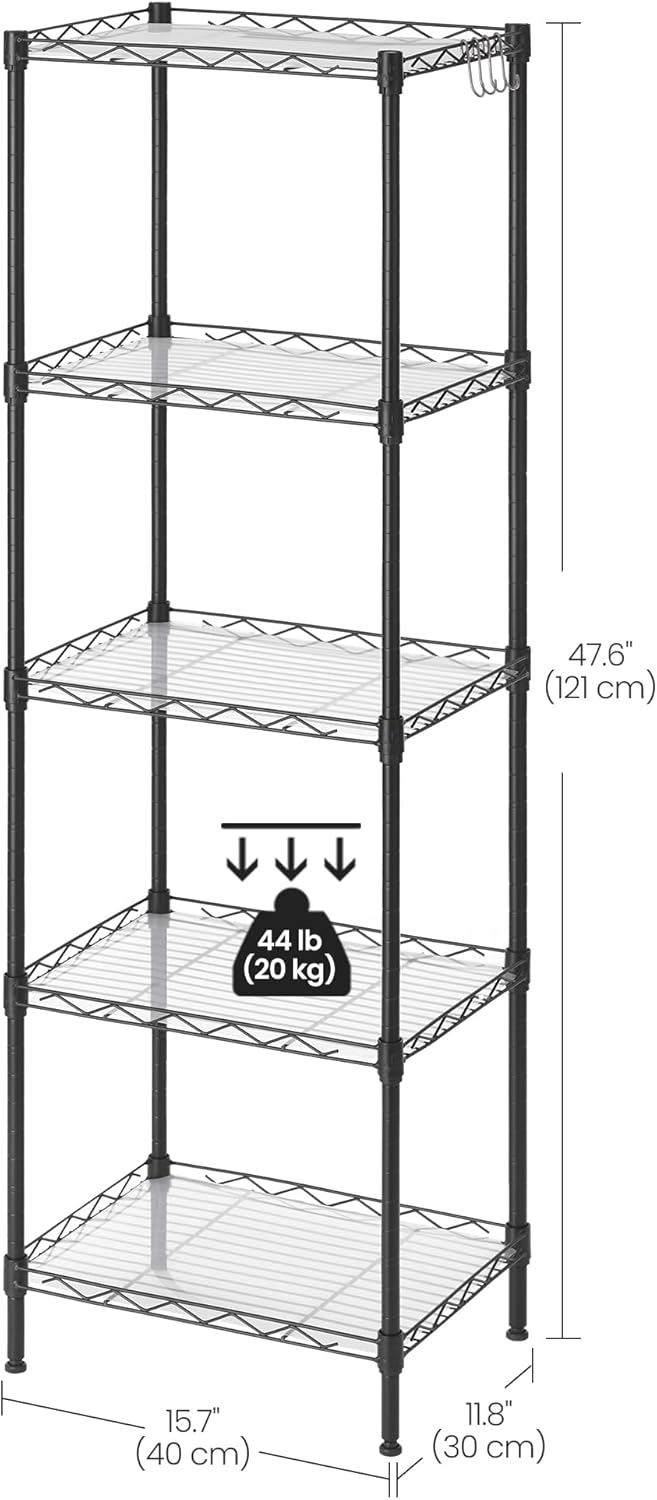 SONGMICS 5-Tier Shelving Unit, Metal Kitchen Storage Shelves, with Adjustable Wire Shelves, PP Liners, 8 Hooks, for Living Room, Garage, 30 x 40 x 121 cm, Black LGR115B01 - Image 3