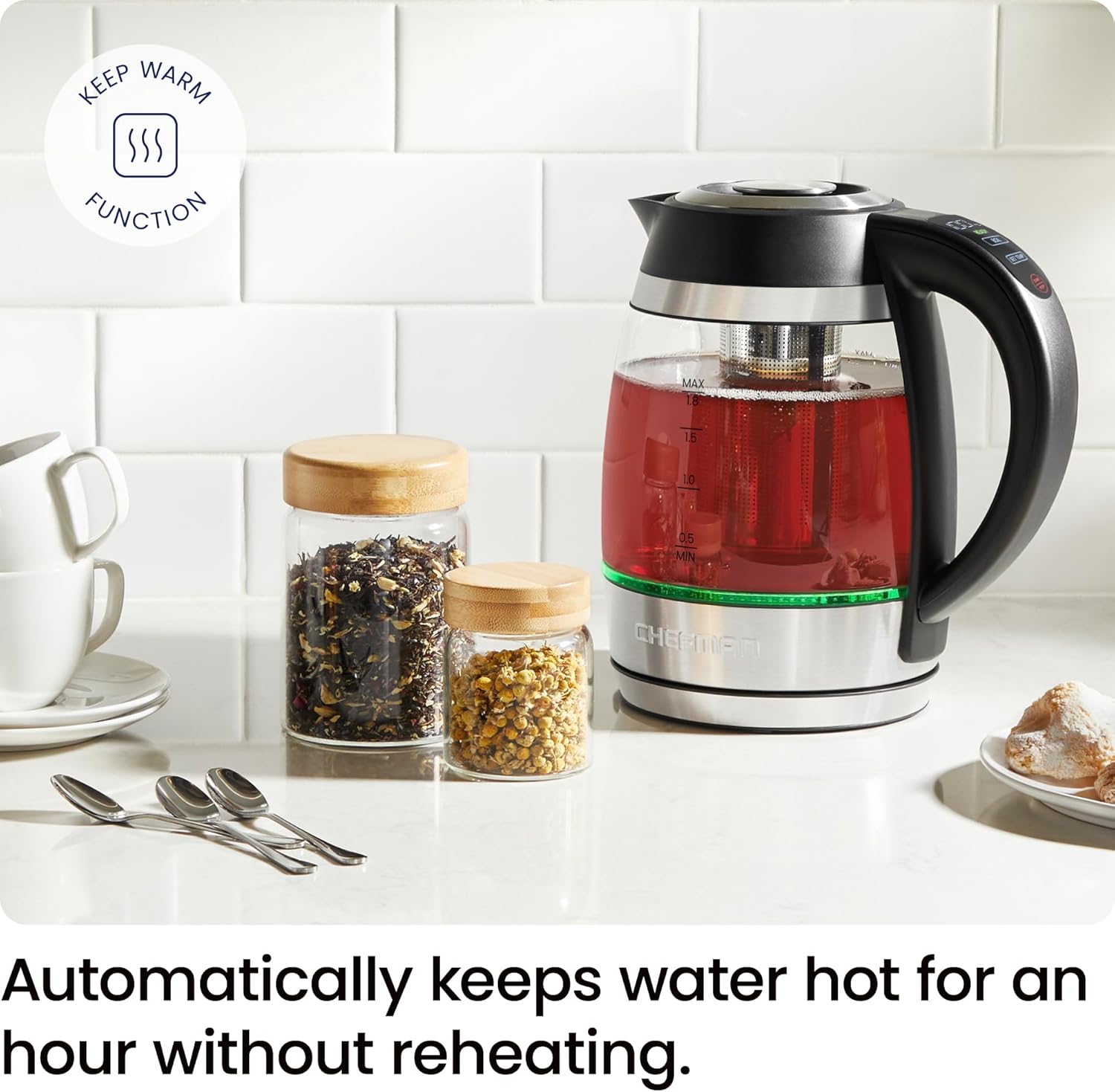 Chefman Electric Kettle for Boiling Water, 1.8L 1500W, Hot Water in 3 Minutes, LED Lights, Auto Shut-off, Boiling and Drying Protection, Glass Electric Kettle (Temperature Control) - Image 4