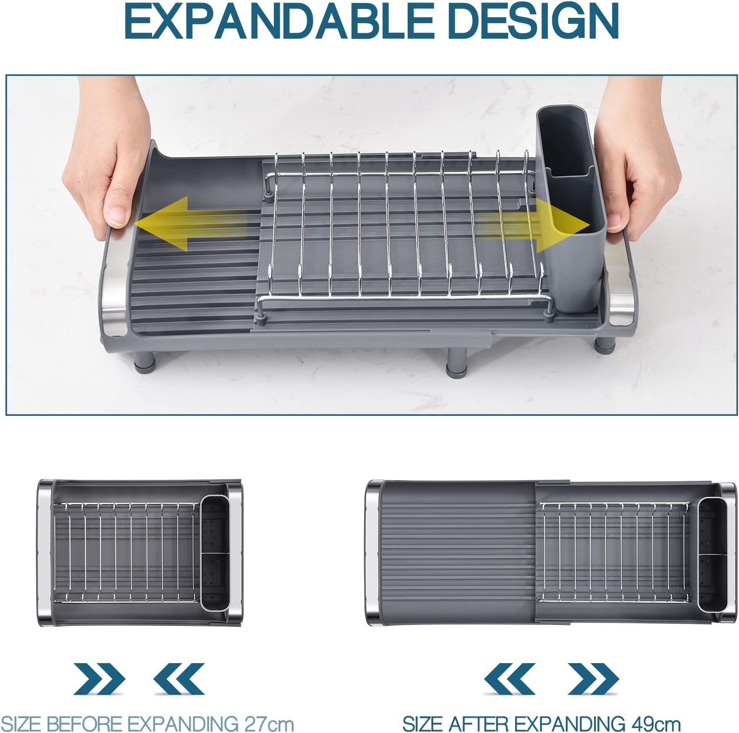 Dish Drainer Rack, Small Dish Drainer, Expandable Dish Rack With Removable Cutlery Holder, Anti Rust Small Drying Rack for Sink, Compact Draining Board Rack For Kitchen Counter, Grey - Image 2