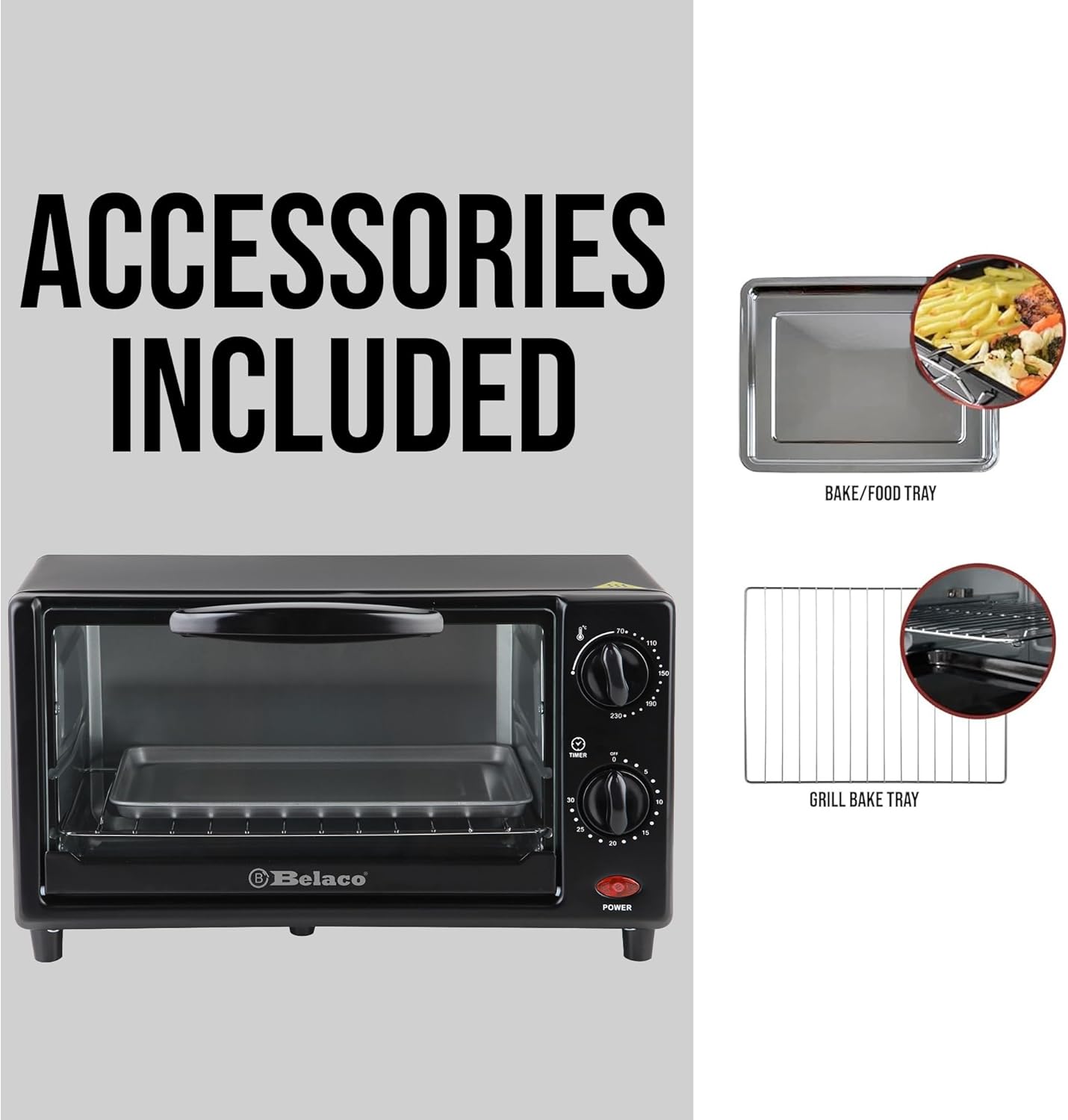 Belaco Mini 9L Toaster Oven Tabletop Cooking Baking Portable Oven 650w 100-250° Stainless steel heating tube incl. baking tray & wire rack - Image 9