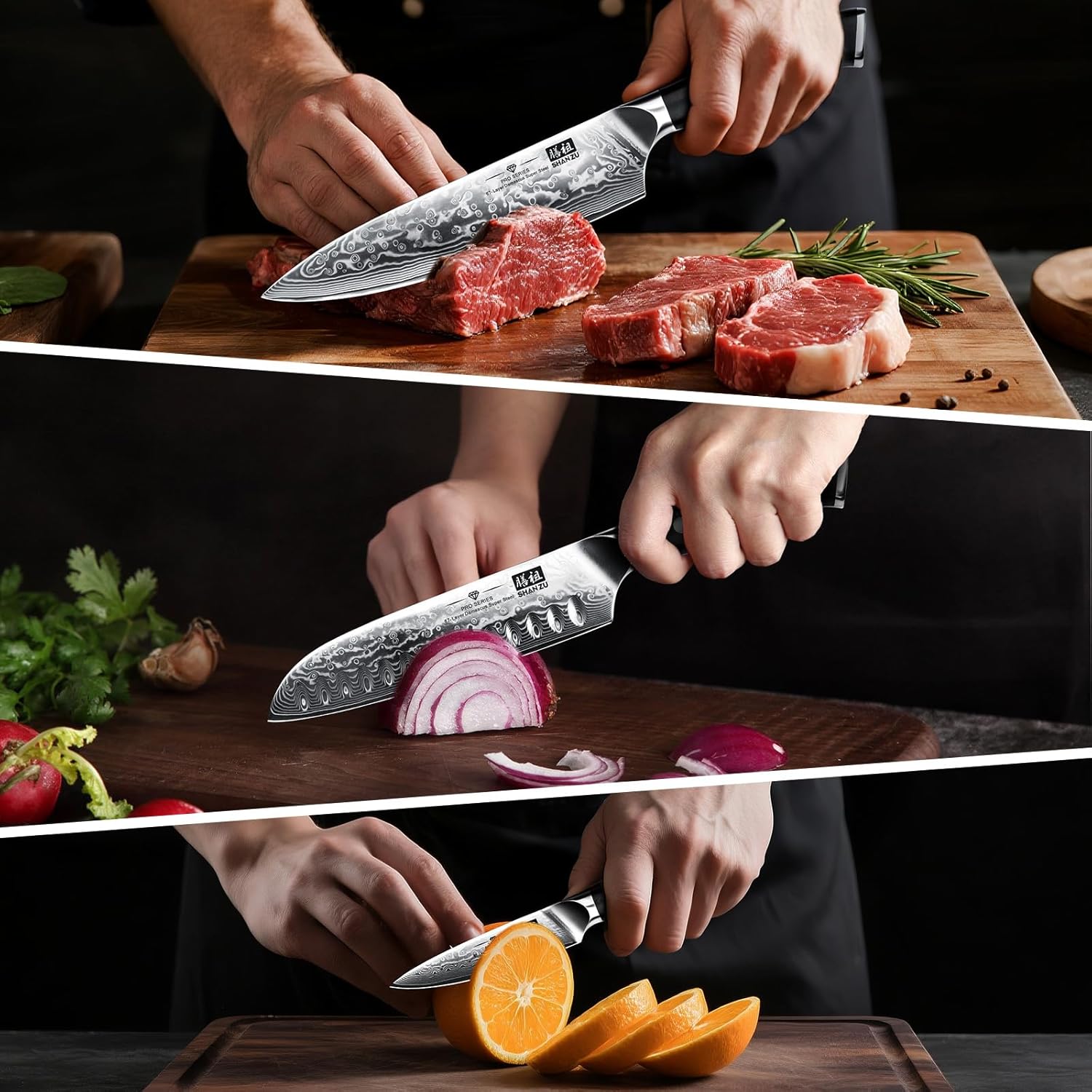 SHAN ZU Damascus Knife Set of 3 PCS, Japanese Damascus Steel 67 Layers Kitchen Knives Set High Carbon Professional Ultra-Sharp Chef Knife Set Ultra Sharp Cooking Utility Knife Set with G10 Handle - Image 6