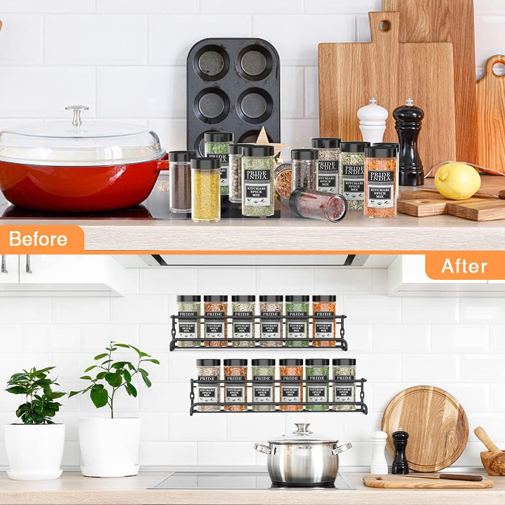Spice Racks Organiser - 4 Tier Hanging Stainless Steel Wall Mounted with Adhesive Stickers & Screws Kitchen Pantry Shelf for Spices and Condiments, Jars (Black) - Image 6