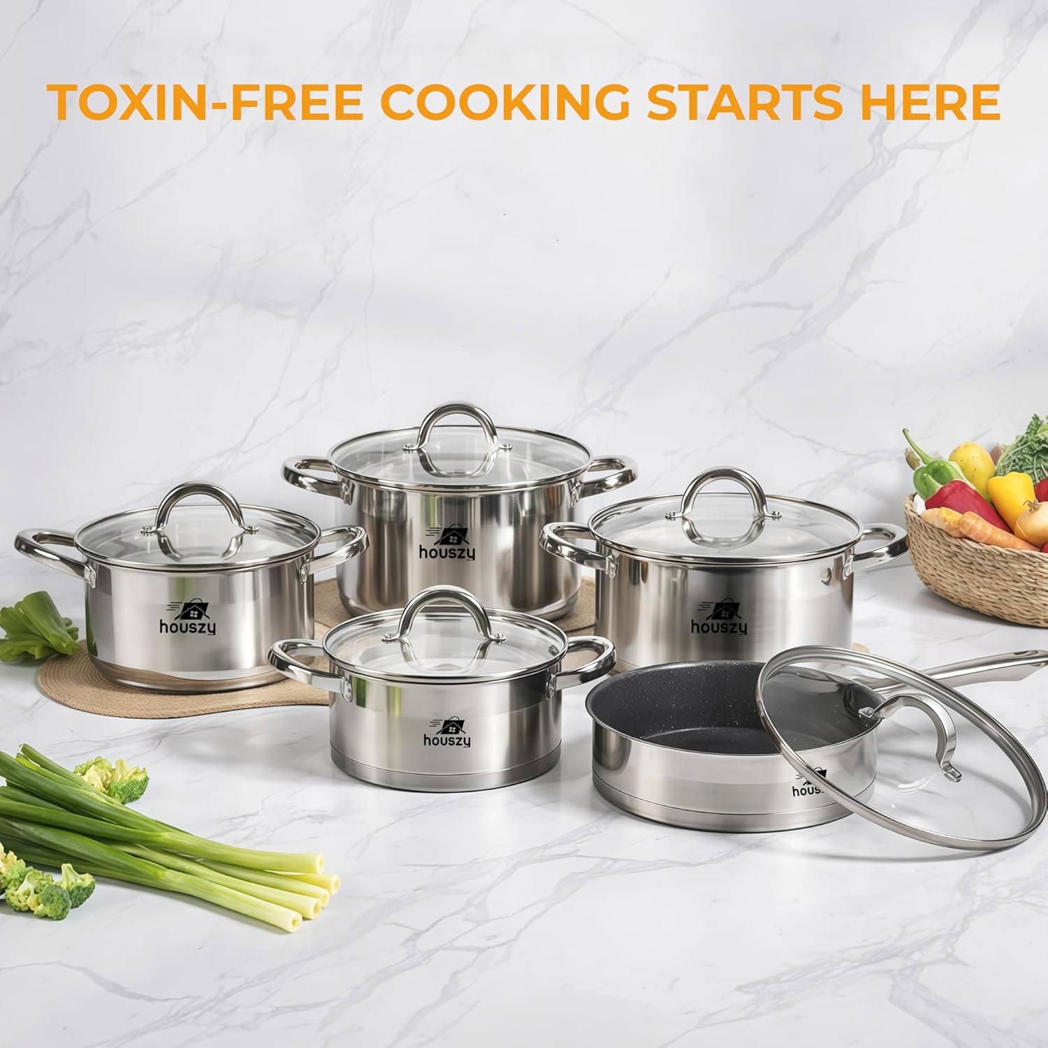 12PC Cookware Set - Saucepan Frying Pan Casserole Stainless Steel Cookware Non Stick Kitchenware Glass Lids Strong Quality Long Lasting & Durable - Image 8