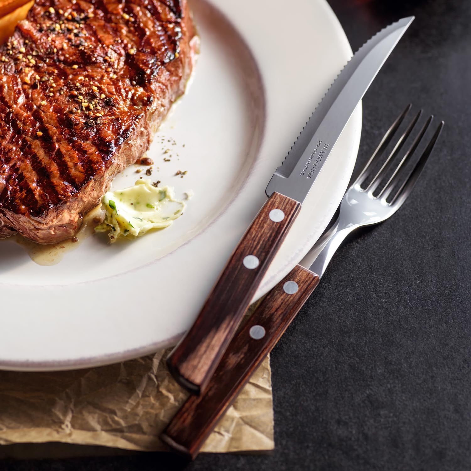 Tramontina Cutlery Set with Steak Knives, 12 Piece Sharp Knife and Fork Set with Wooden Handles, Camping, Kitchen, Rustic, Dishwasher Safe, 29899199 - Image 2