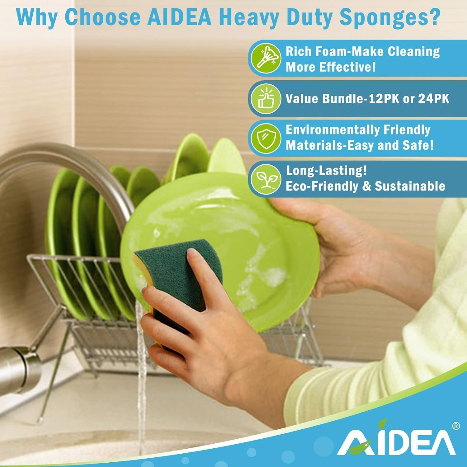 AIDEA Heavy Duty Scrub Sponges Washing Up Pack of 12, Cleaning Scrub Sponge, Stink Free Dual-Sided Dishwashing Sponge, Effortless Cleaning Eco Scrub Pads for Dishes,Pots,Pans All at Once - Image 3