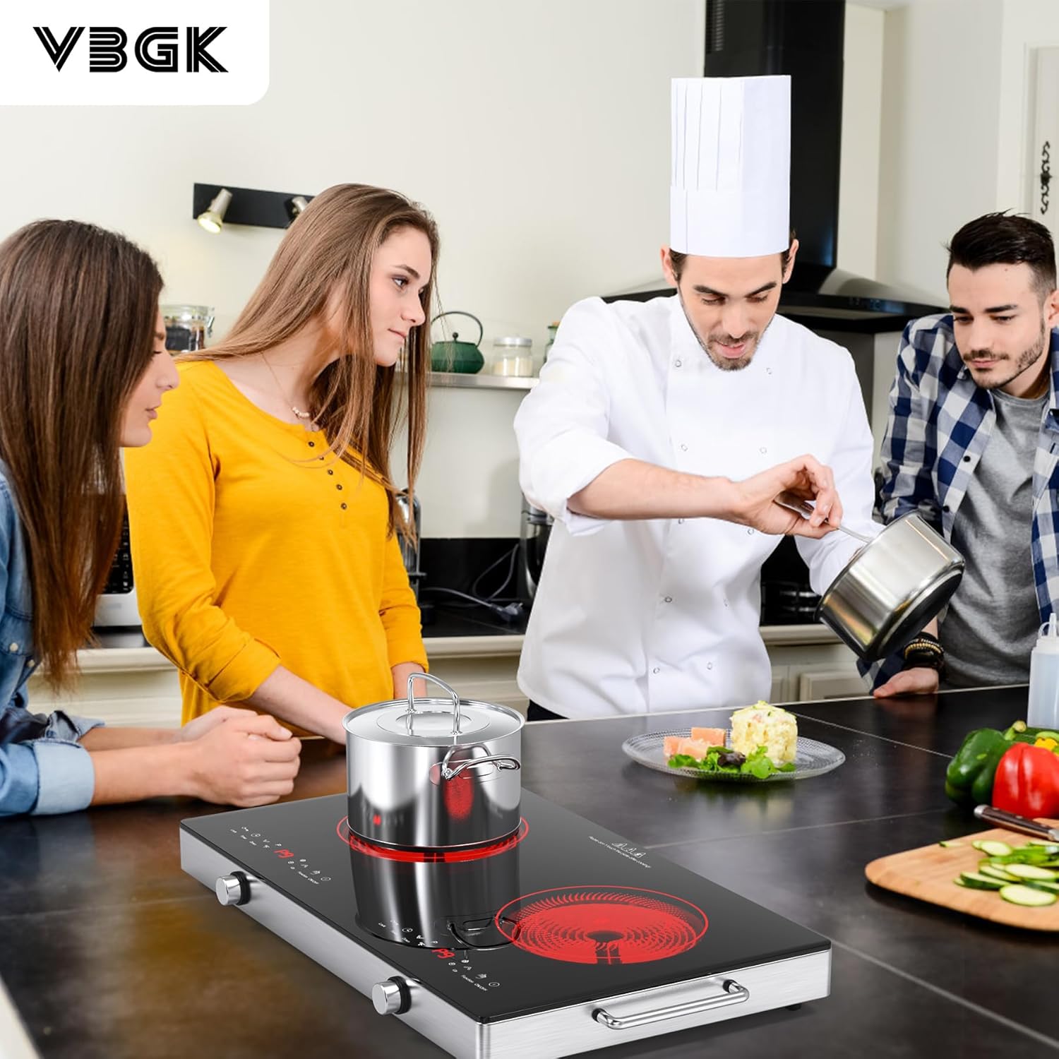VBGK 2 Ring Electric Hob with Handle, 3520W Ceramic Hob 2 Zone, Double Electric Ceramic Hob Countertop, Safety Lock & 3H Timer, 220V-240V Plug in - Image 2