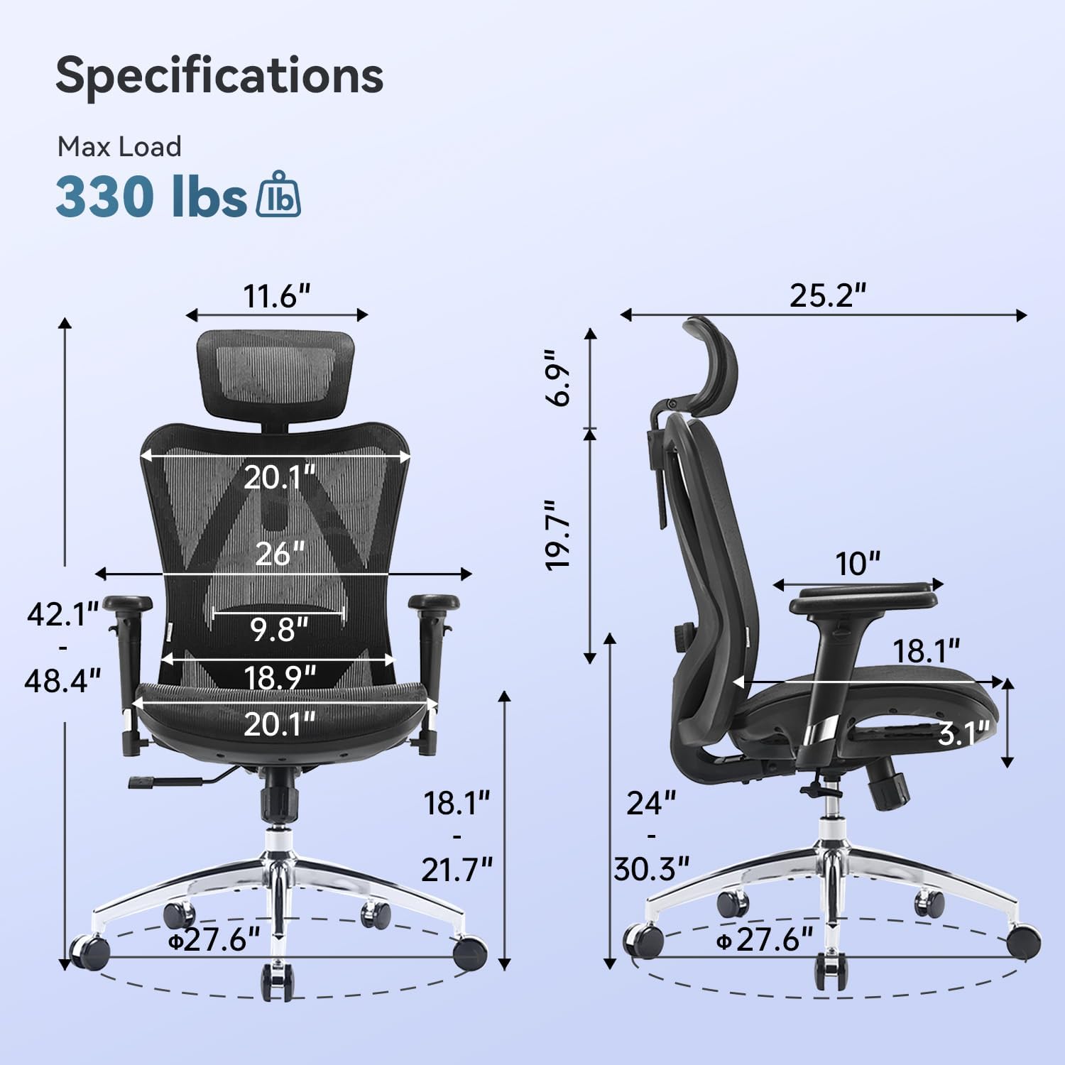 SIHOO Ergonomic Office Chair Mesh Desk Chair with Adjustable Lumbar Support 3D Armrests Breathable High Back Computer Chair (Black) - Image 3