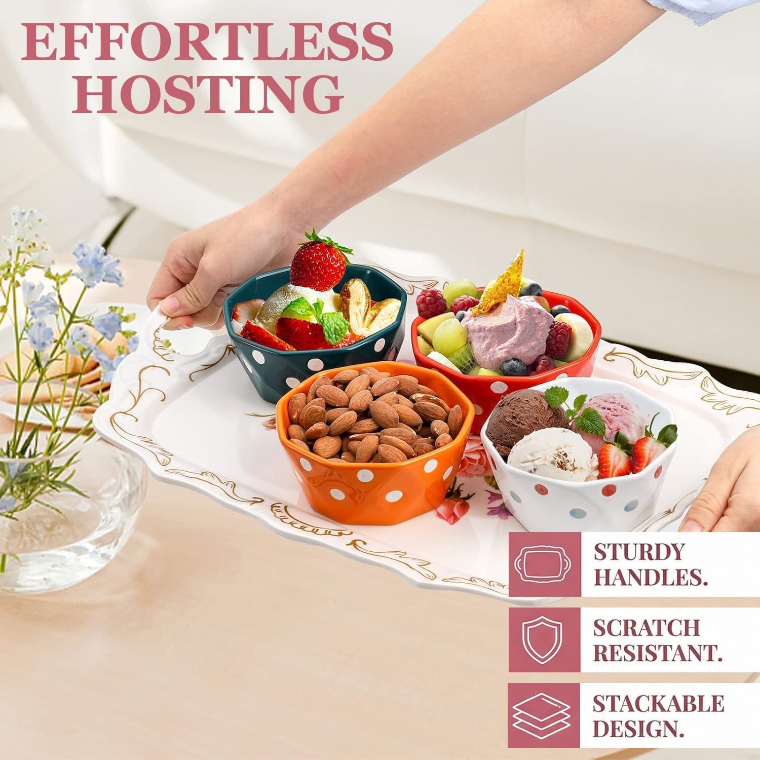 WUWEOT 3 Pack Serving Trays with Handles, Stackable Serving Platter BPA-Free Rectangle Food Tray Set with Flower Pattern for Home, Parties and Restaurants, Safe for Dishwashe - Image 4