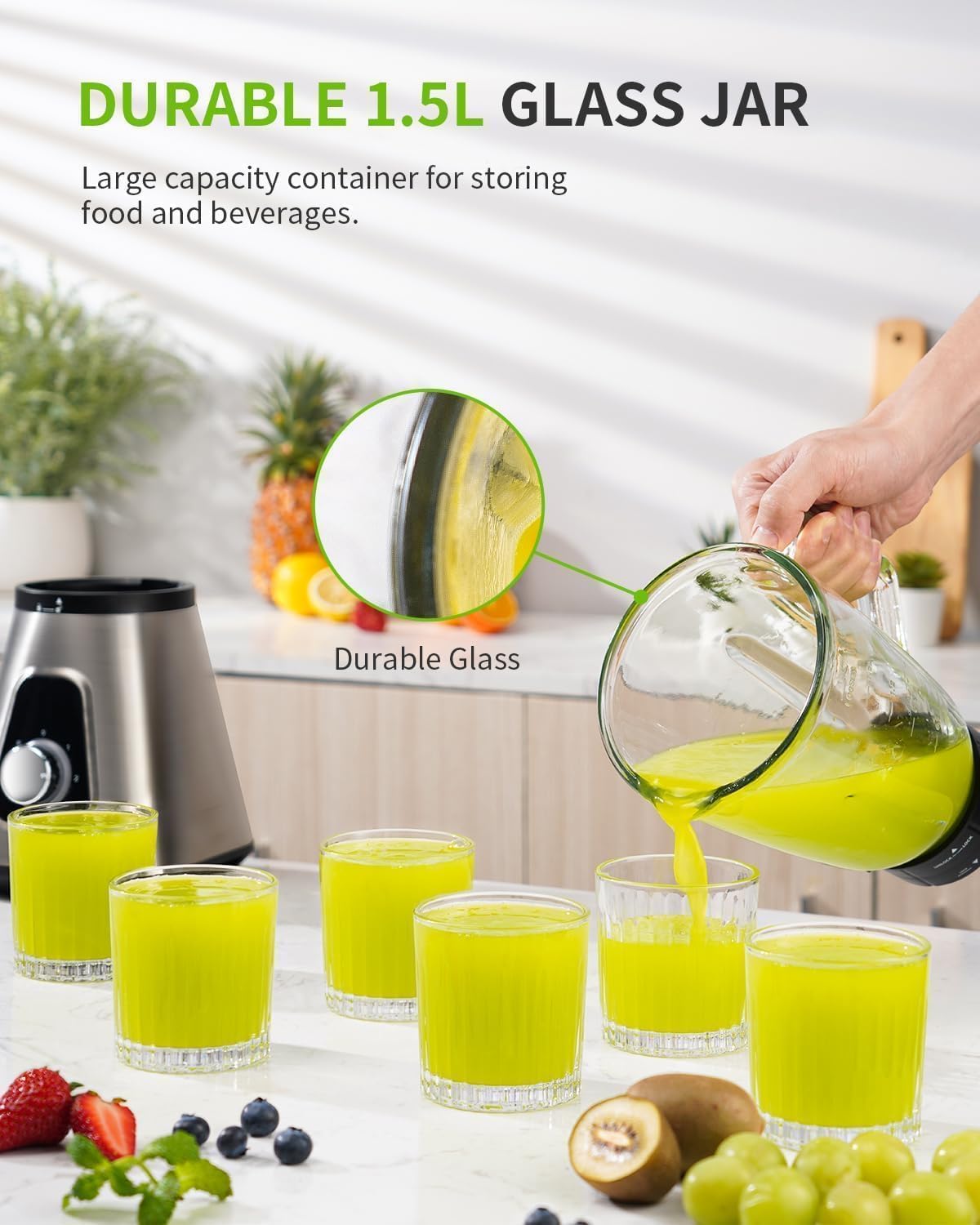GDOR 1200W Smoothie Blender 2 in 1 Blender with 1.5L Glass Jug & 650ML Travel Cup 3 Speed Smoothie Maker Professional Glass Jug Blenders for Smoothies, Shakes, Frozen Drinks, Ice, Sauces, Silver - Image 5