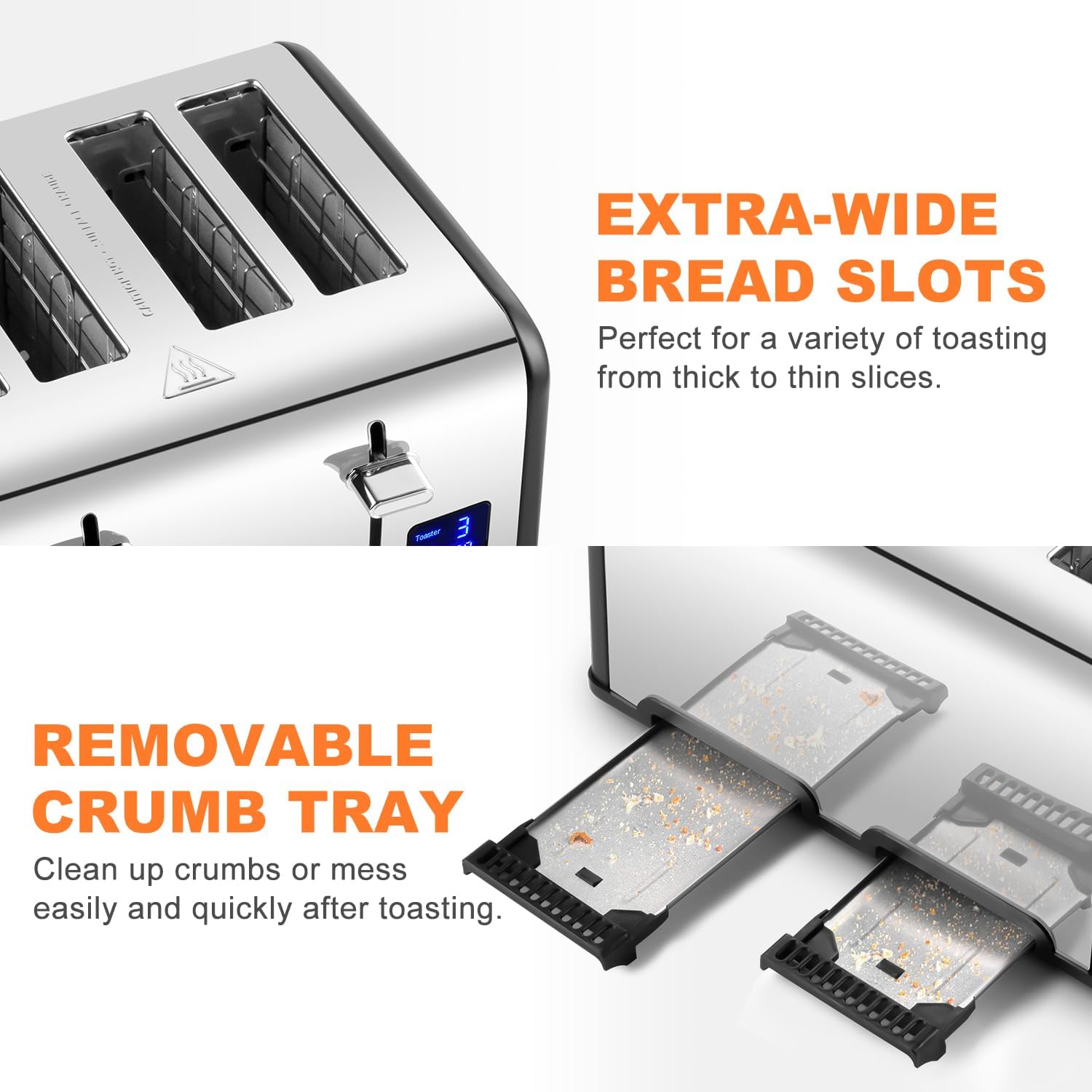 Toaster 4 Slices, Cusimax Stainless Steel Toaster with Ultra-Clear LED Display & 4 Extra-Wide Slots, Defrost/Reheat/Cancel Function, 6 Browning Settings, Removable Crumb Tray, Black - Image 5