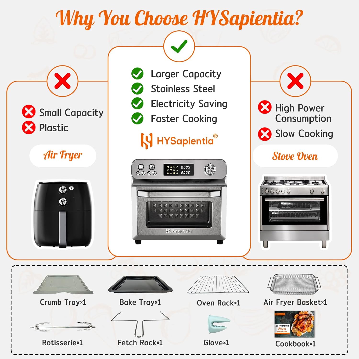 HYSapientia® 24L Air Fryer Oven With Rotisserie Large XXL Digital Knob 1800W 10 in 1 airfryer Countertop Convection Mini Toaster Oven electric and grill, Stainless steel inner, Full Accessory Set - Image 6