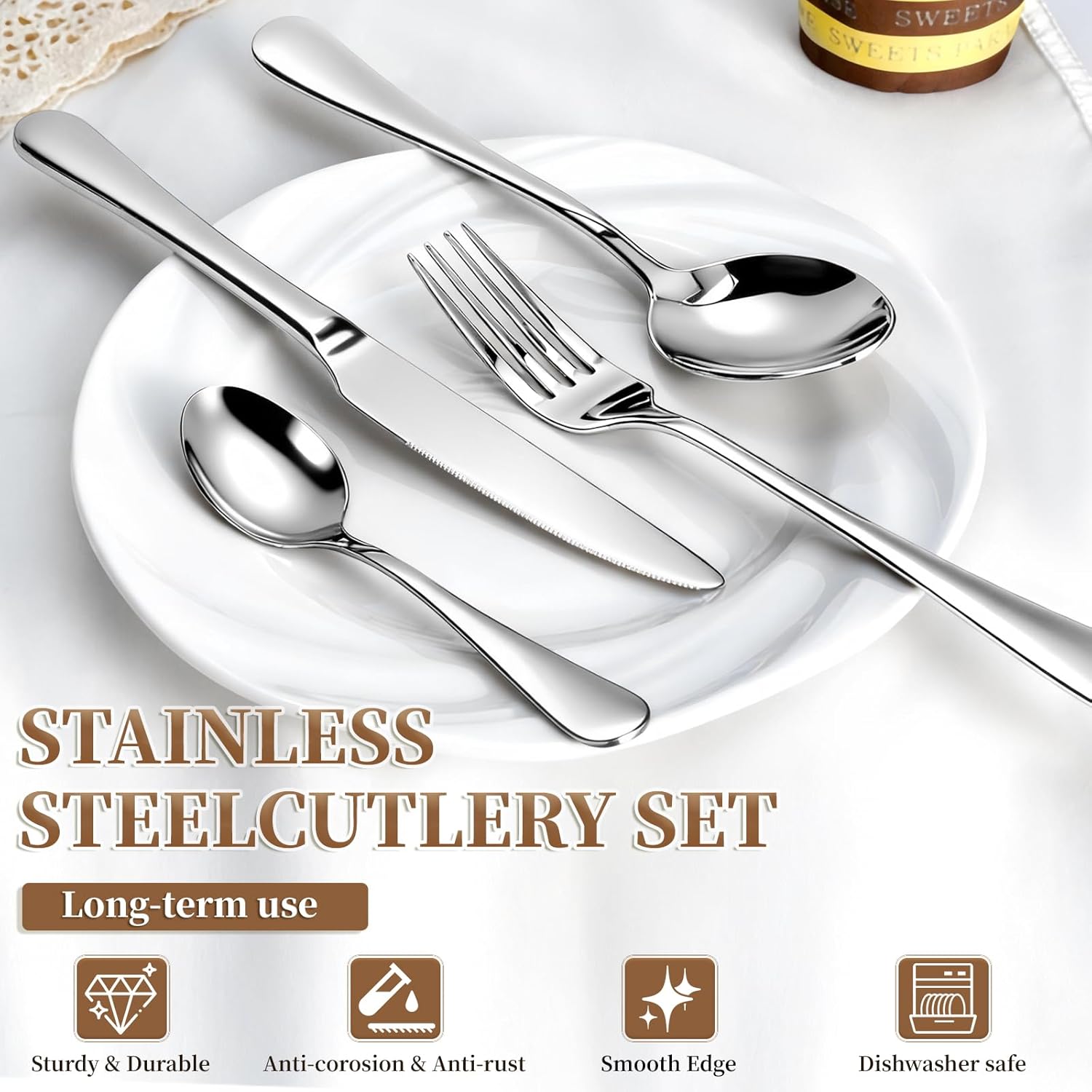 Cutlery Set, BEWOS 16 Piece Stainless Steel Flatware Set, Tableware Silverware Set with Spoon Knife and Fork Set, Service for 4, Dishwasher Safe/Easy Clean, Mirror Polished - Image 5