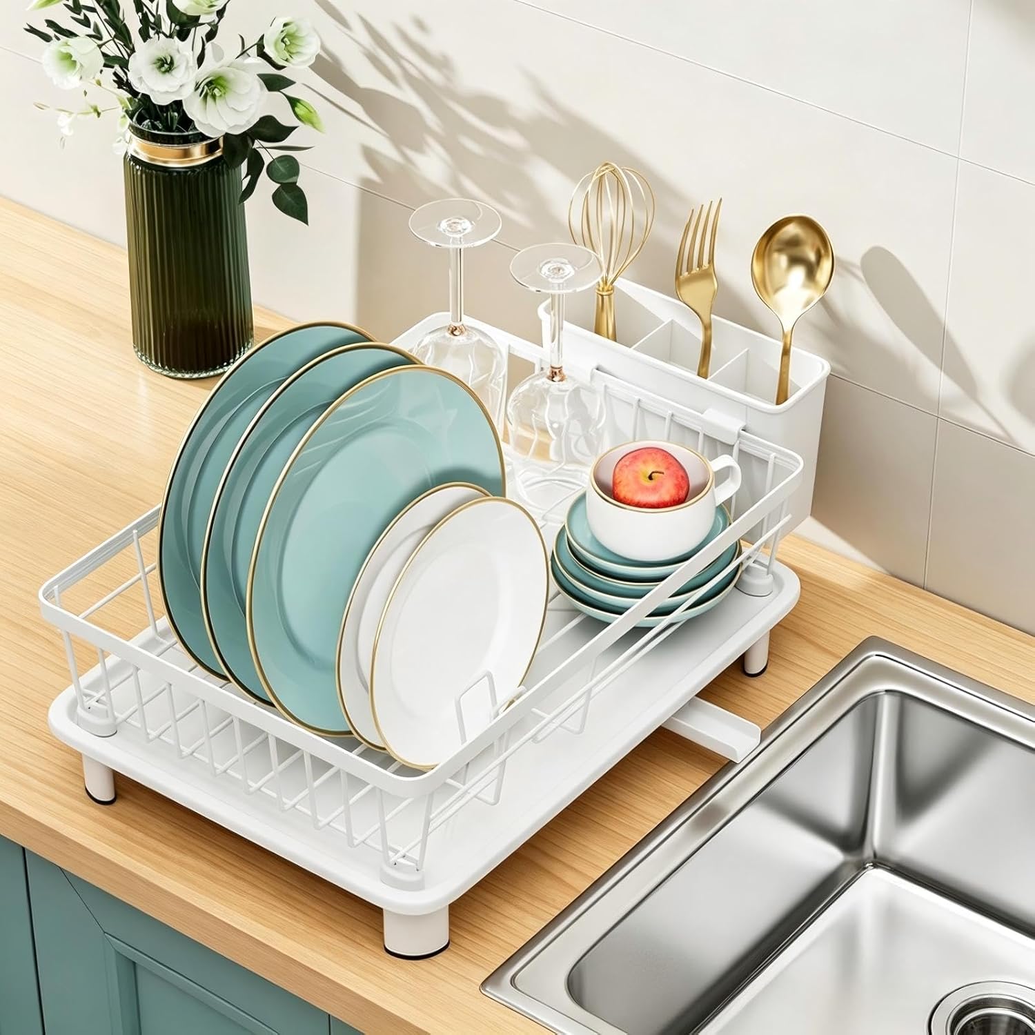 Dish Drainer Rack with Drip Tray Kitchen Dish Drying Rack with 360°Swivel Spout Metal Sink Drainer with Removable Cutlery Holder (White, Small) - Image 6