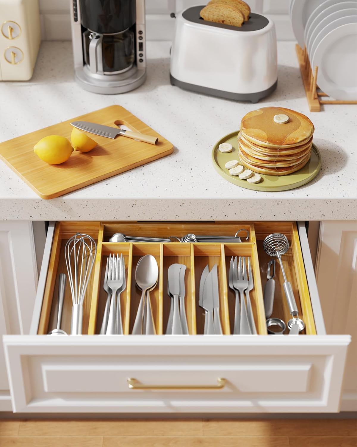 Kitsure Silverware Organizer - Expandable Bamboo Kitchen Drawer Organizer, Adjustable Cutlery Tray for Kitchen Storage & Organisation, 33.6 x 4.5 x 29.0-47.0 cm - Image 6