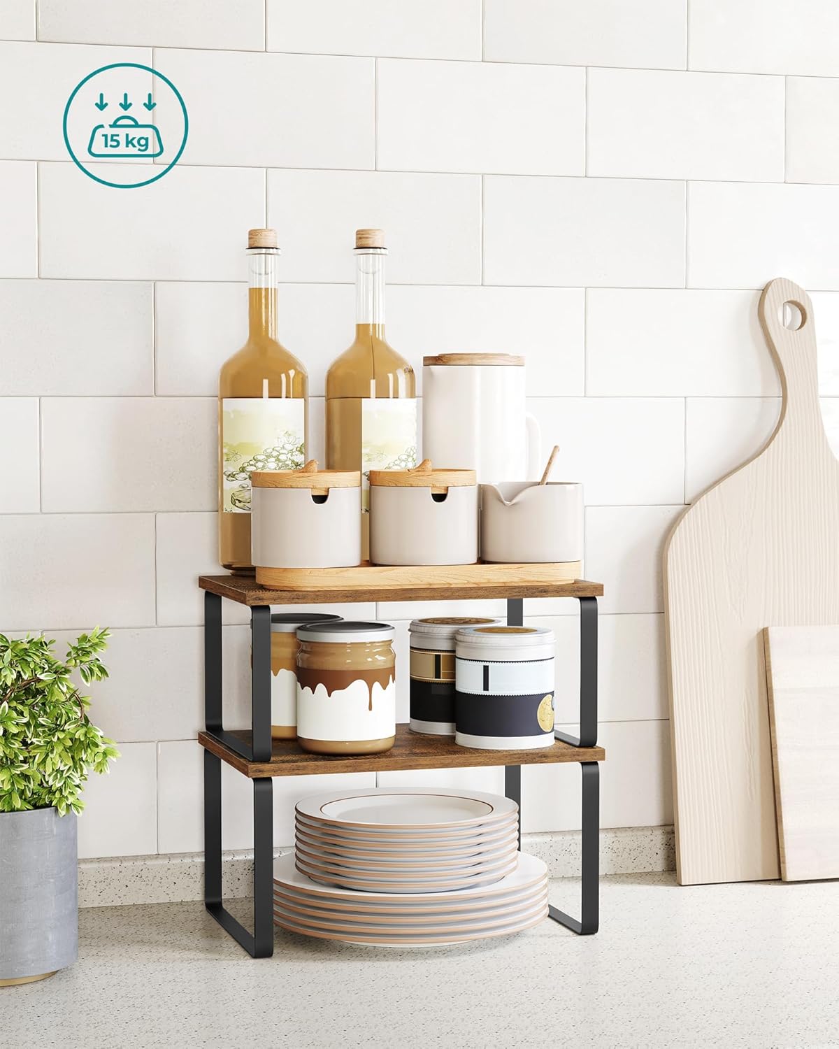SONGMICS Spice Rack, Set of 2 Cupboard Shelf Organiser, Expandable Kitchen Shelf Organiser, Stackable Spice Holder, Metal and Engineered Wood, Black and Rustic Brown KCS020X01 - Image 4