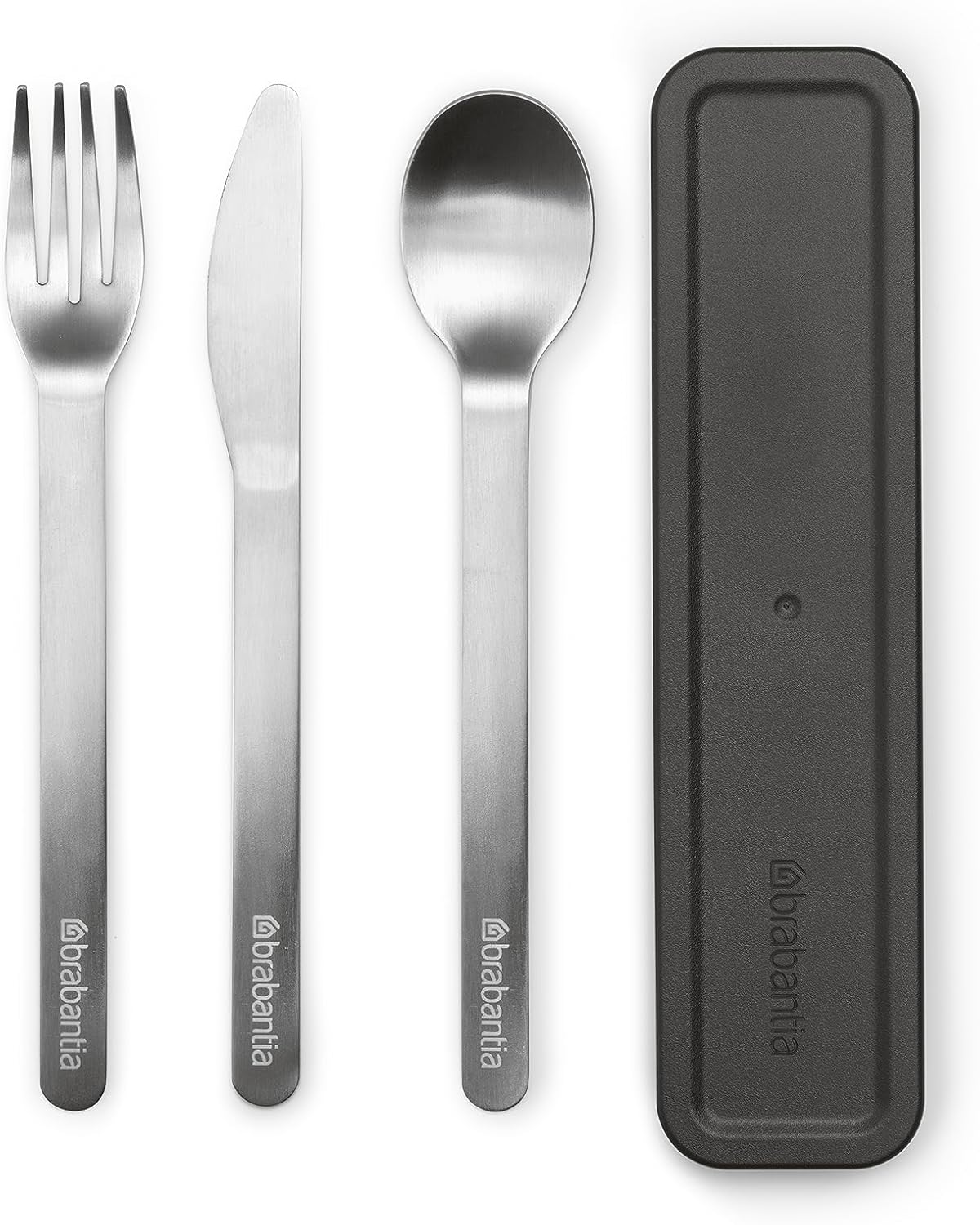 Brabantia - Make & Take Cutlery Set with Case - Set of 3: Knife, Spoon, & Fork - Hygienic Compact Design - Stainless Steel - Dishwasher Safe - Travel Cutlery Set for 1 Person - Dark Grey