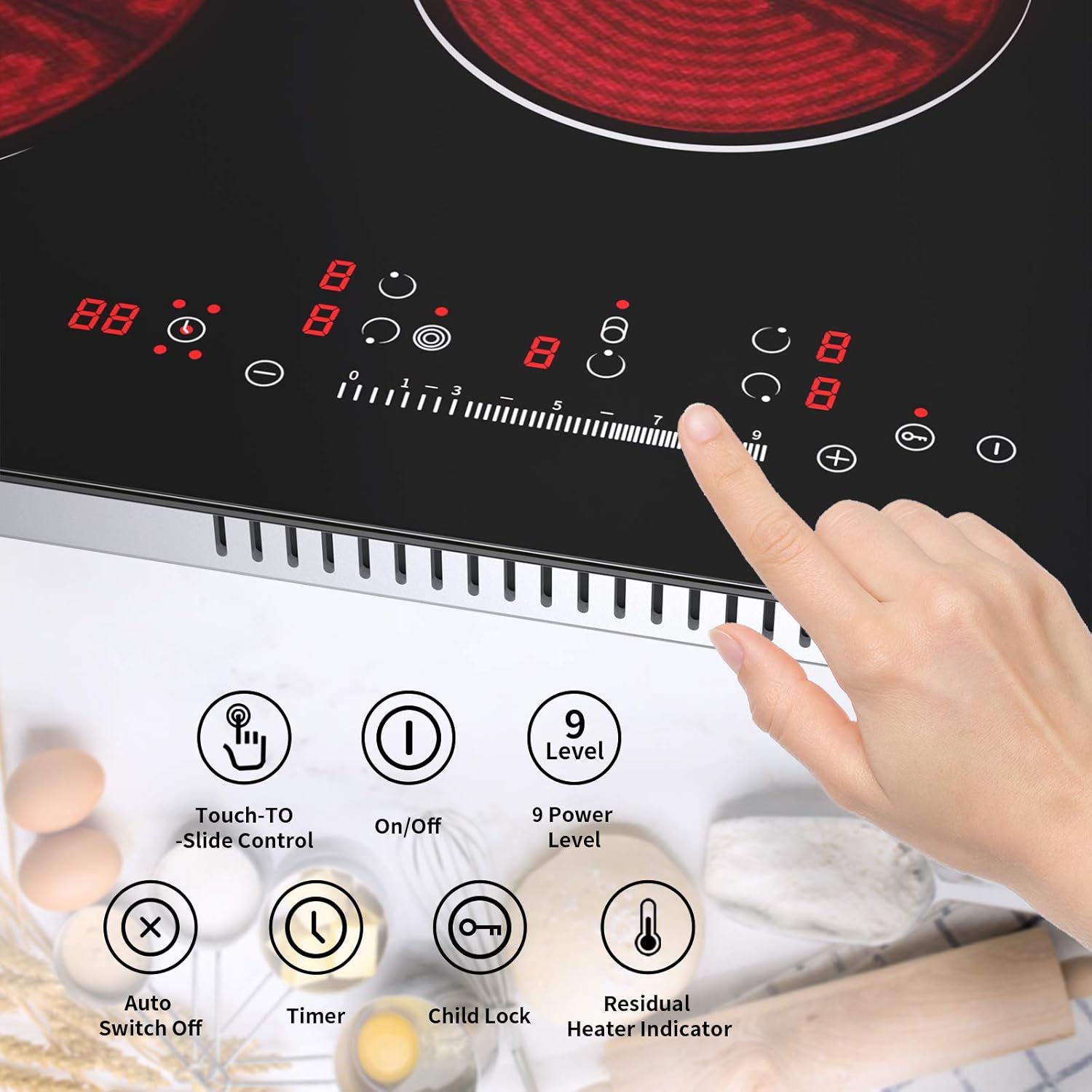 Ceramic Hob, 77cm, 8600W Built-in Electric Glass Ceramic Cooktop, IsEasy Built-in, Black Glass with 5 Cooking Zones, Touch Control, Child-safety Lock&Timer - Image 2