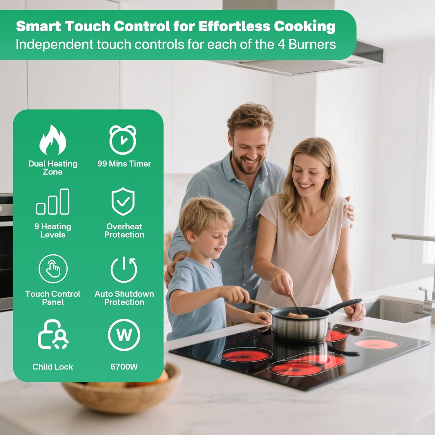 4-Zone Electric Ceramic Hob 6700W, Built-In Touch Control Cooktop, Universal Cookware Compatibility, Black Glass, Timer, Child Lock,Touch Control Electric Ceramic Cooktop - Image 2