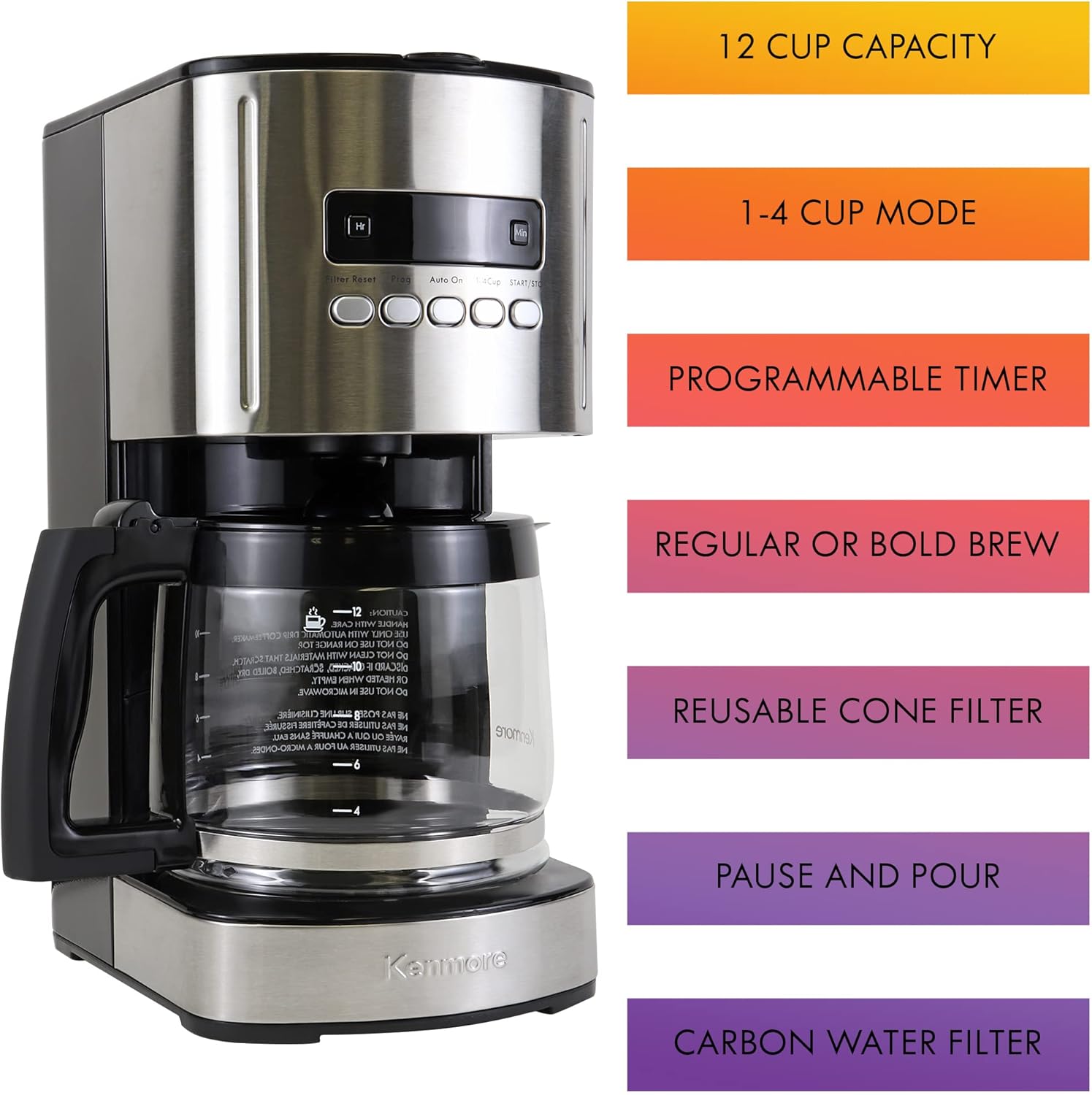 Kenmore Filter Coffee Machines 12-Cup Drip Coffee Makers with 1.8L Glass Pot for Ground Coffee Digital Display Programmable Timer Reusable Filter Auto Shut Off Warming Plate Kitchen Appliances Black - Image 2