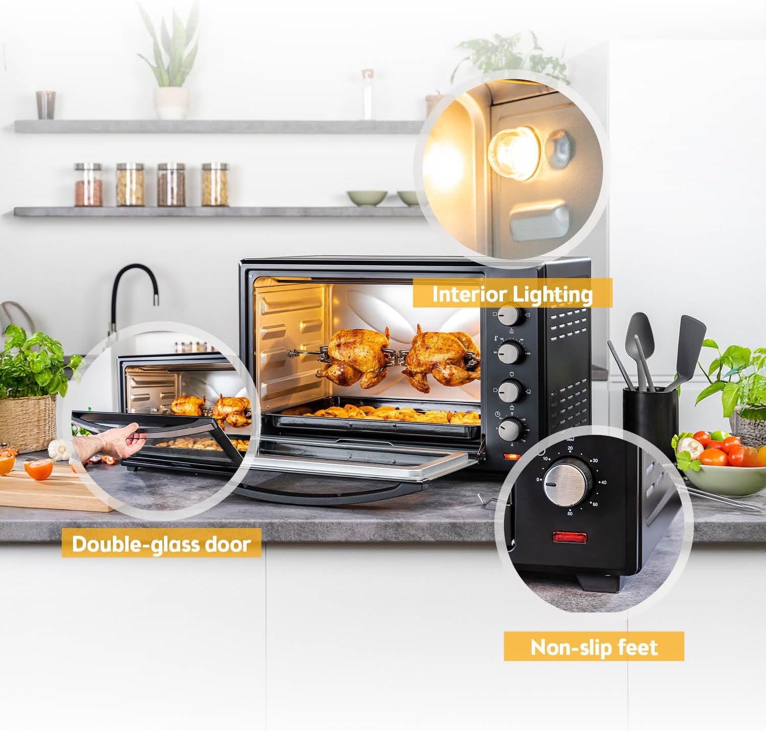 TZS First Austria - Mini Oven 60L 2000W - Small Pizza-Oven temperature control up to 230°C & 6 modes - Baking-Oven with 60 min. timer, 4 rack levels, baking tray, grill rack & rotisserie skewer - Image 6