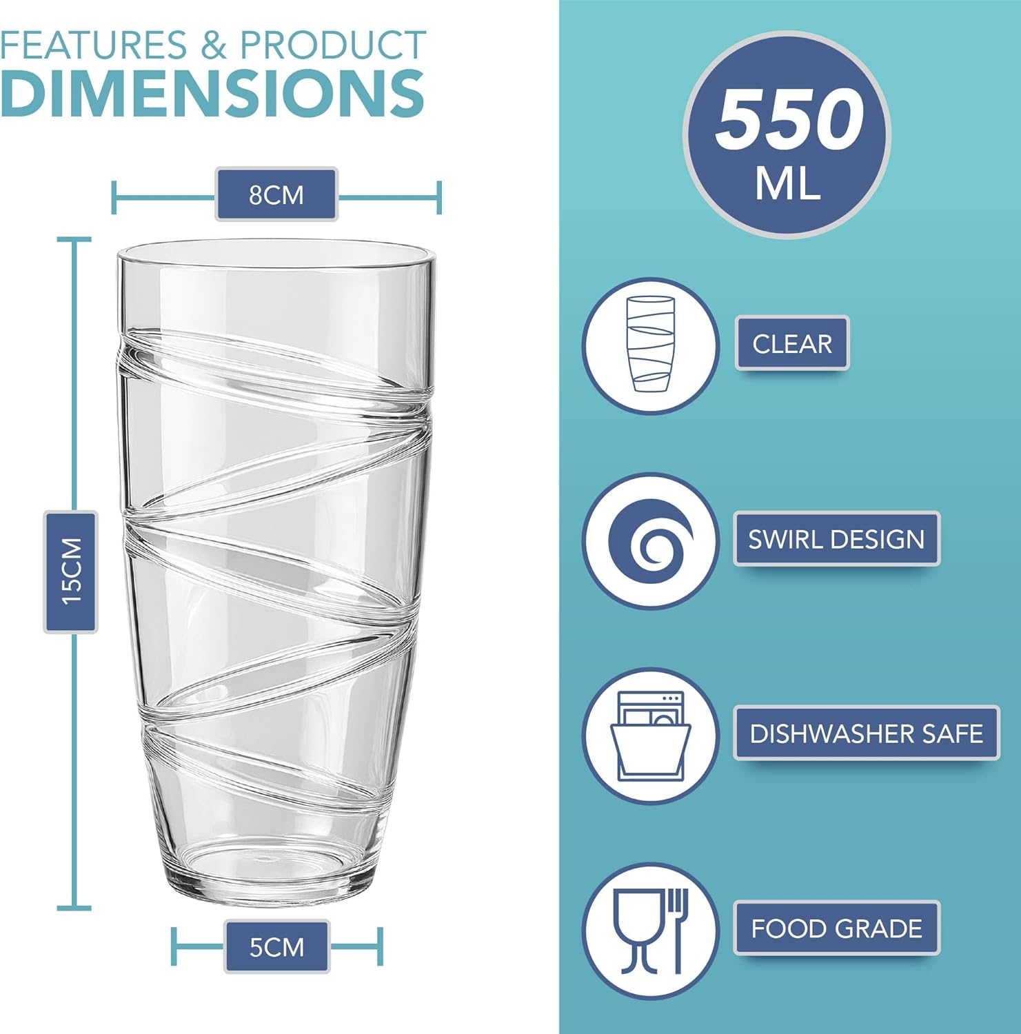 HEFTMAN Plastic Tumblers Set of 6-550ml Acrylic Tumbler Glasses with Swirl Design, Stackable Re-usable Plastic Glasses for Garden, Picnics, Camping, BBQs, Parties or Everyday Use (Clear) - Image 2
