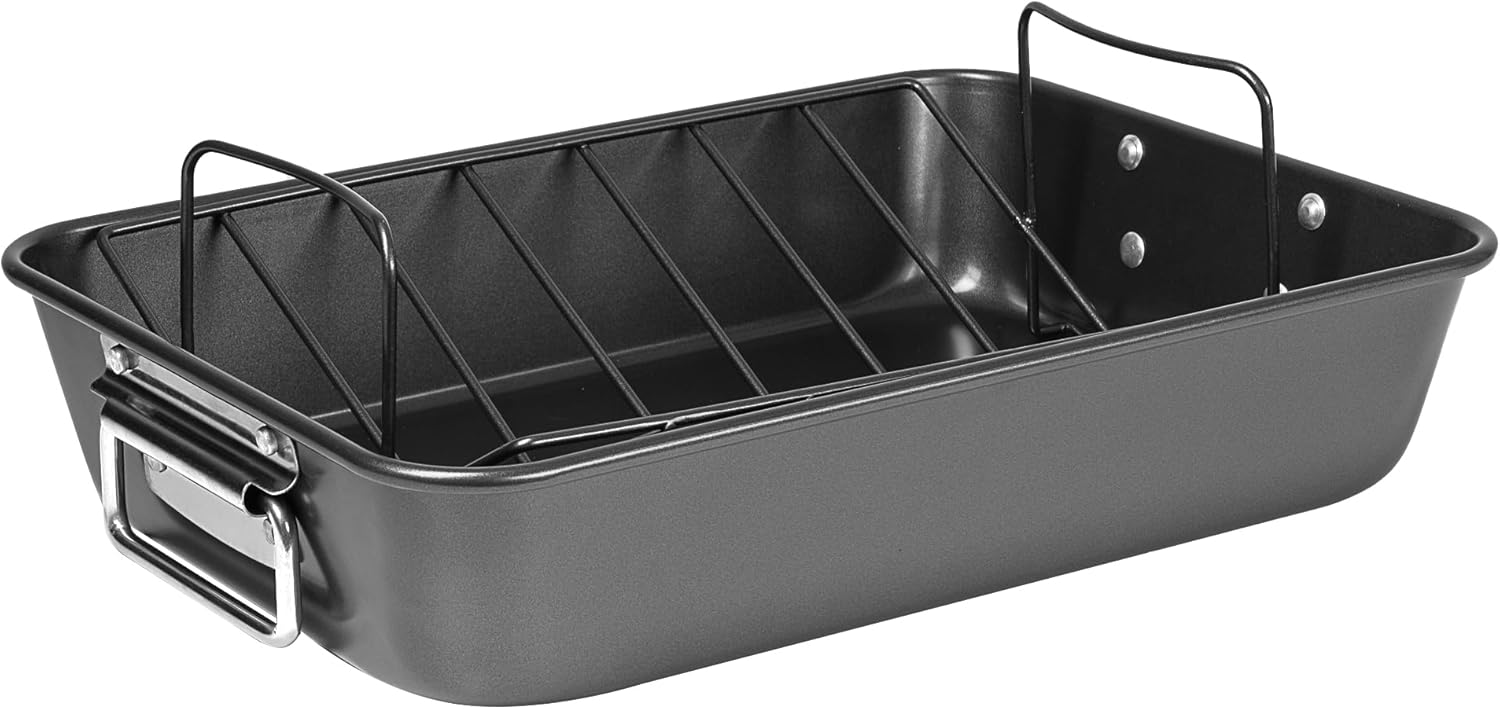 Prochef 15" Roaster with V Rack, Non-Stick Heavy Gauge Roasting Tray, PFAS-Free, Dishwasher Safe, Oven Safe to 230°C – 38.5x27.5x7.5cm Large Roasting Pan, Grey, BlackOne