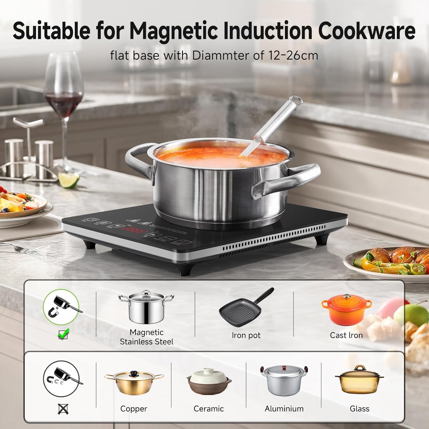 AMZCHEF Single Induction Cooker, Ultra-thin Induction Hob with Fashion Look, 10-level Power and Temperature Control, Black Frosted Glass Panel, Touch Sensor, 3-hour Timer, Safety Lock - Image 4