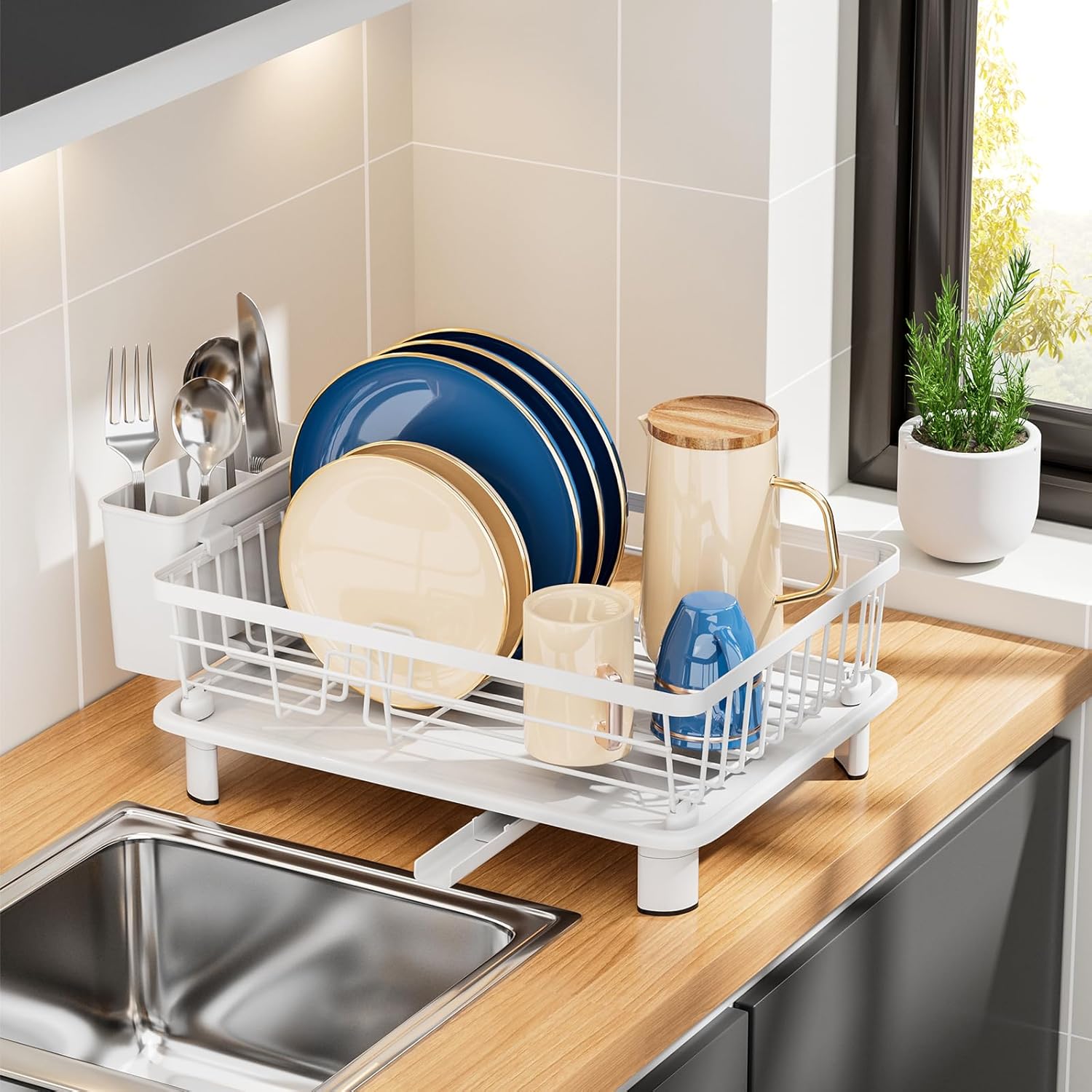 Dish Drainer Rack with Drip Tray Kitchen Dish Drying Rack with 360°Swivel Spout Metal Sink Drainer with Removable Cutlery Holder (White, Small) - Image 2