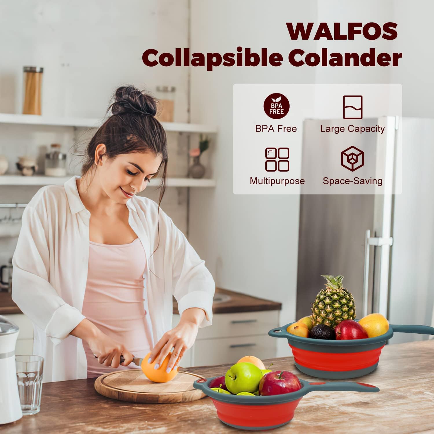 Walfos Silicone Pasta Colander - Collapsible Colander with Handle Set, Set of 2, Space-Saving Kitchen Strainers, 1.5 Quart, 2 Quart, BPA Free & Dishwasher Safe, for Pasta, Vegetables, Fruits (Red) - Image 5