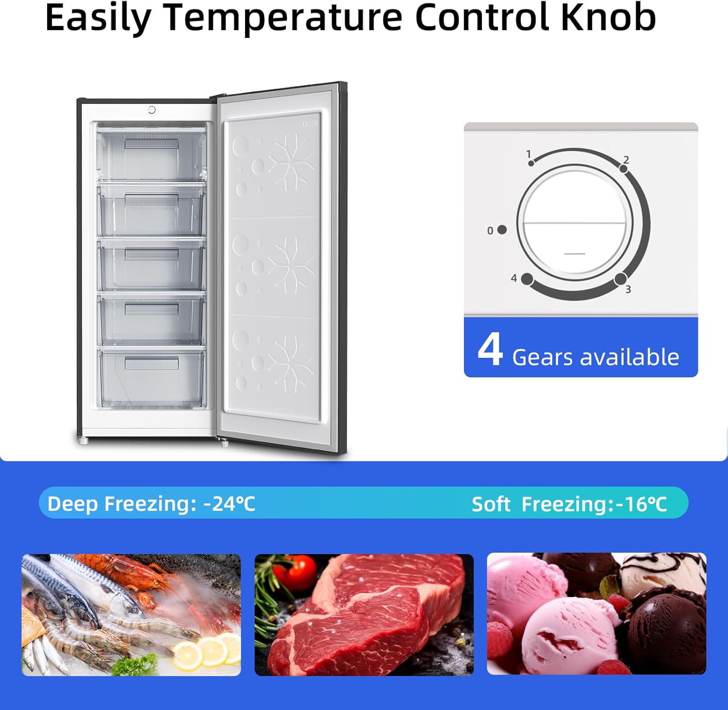 CHiQ FSD140D4EU Upright Freezer, 145L, E, 5 Levels, 12-Years Free Warranty on The Compressor,H1250 x W540 x D550, Black, New - Image 3