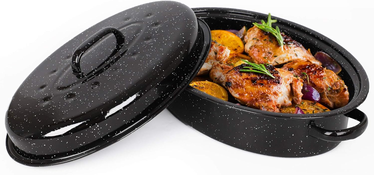 VonShef Enamel Roaster with Lid - Self-Basting, Deep Oval, Non-Stick Black Steel Oven Roasting Tin Heats up to 230°C for Stews, Casseroles & Roast Dinners - Gas/Electric, Easy Clean - 38cm