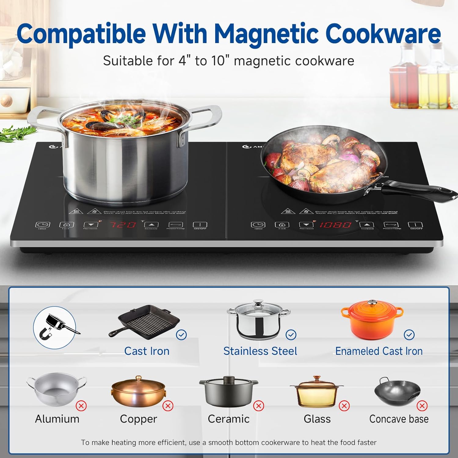 AMZCHEF Double Induction Hob, Portable Induction Cooker with Ultra-Thin Body, Independent Control, 10 Temperature Levels, Multiple Power Levels, 2800W, 3-Hour Timer, Safety Lock - Image 4
