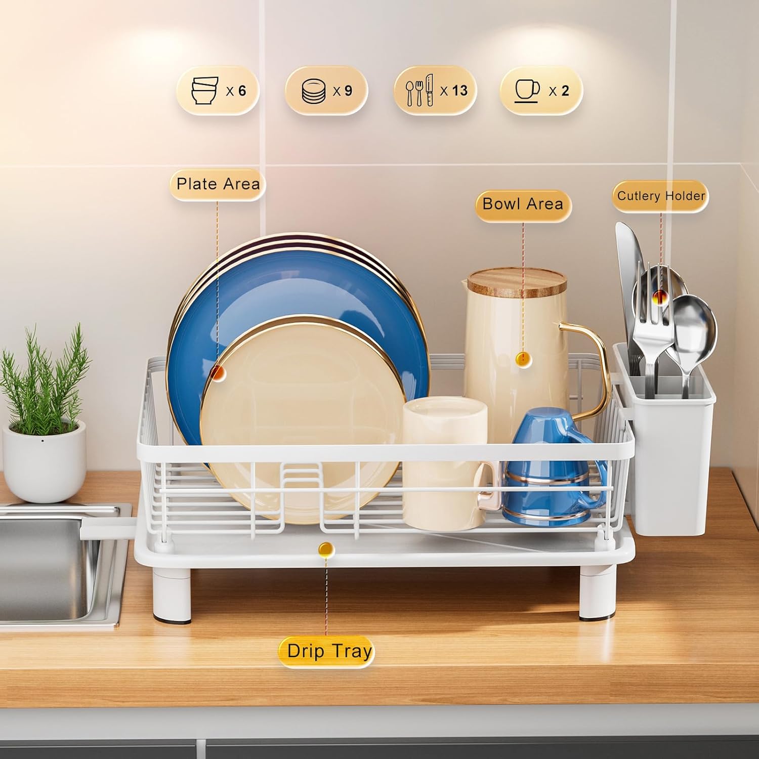 Dish Drainer Rack with Drip Tray Kitchen Dish Drying Rack with 360°Swivel Spout Metal Sink Drainer with Removable Cutlery Holder (White, Small) - Image 4